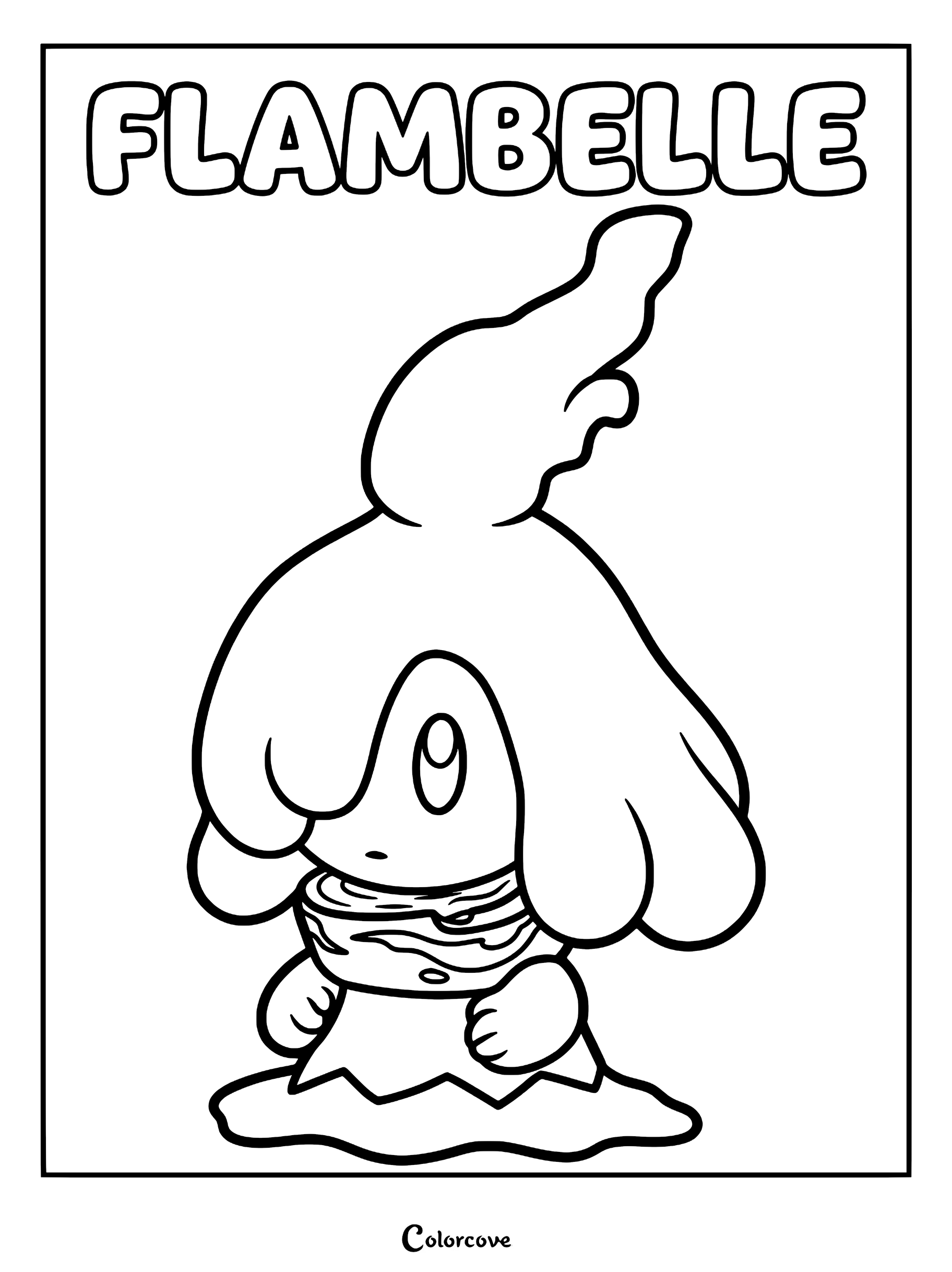 A printable coloring page featuring the Palworld character Flambelle with its signature flame-shaped head and scarf.