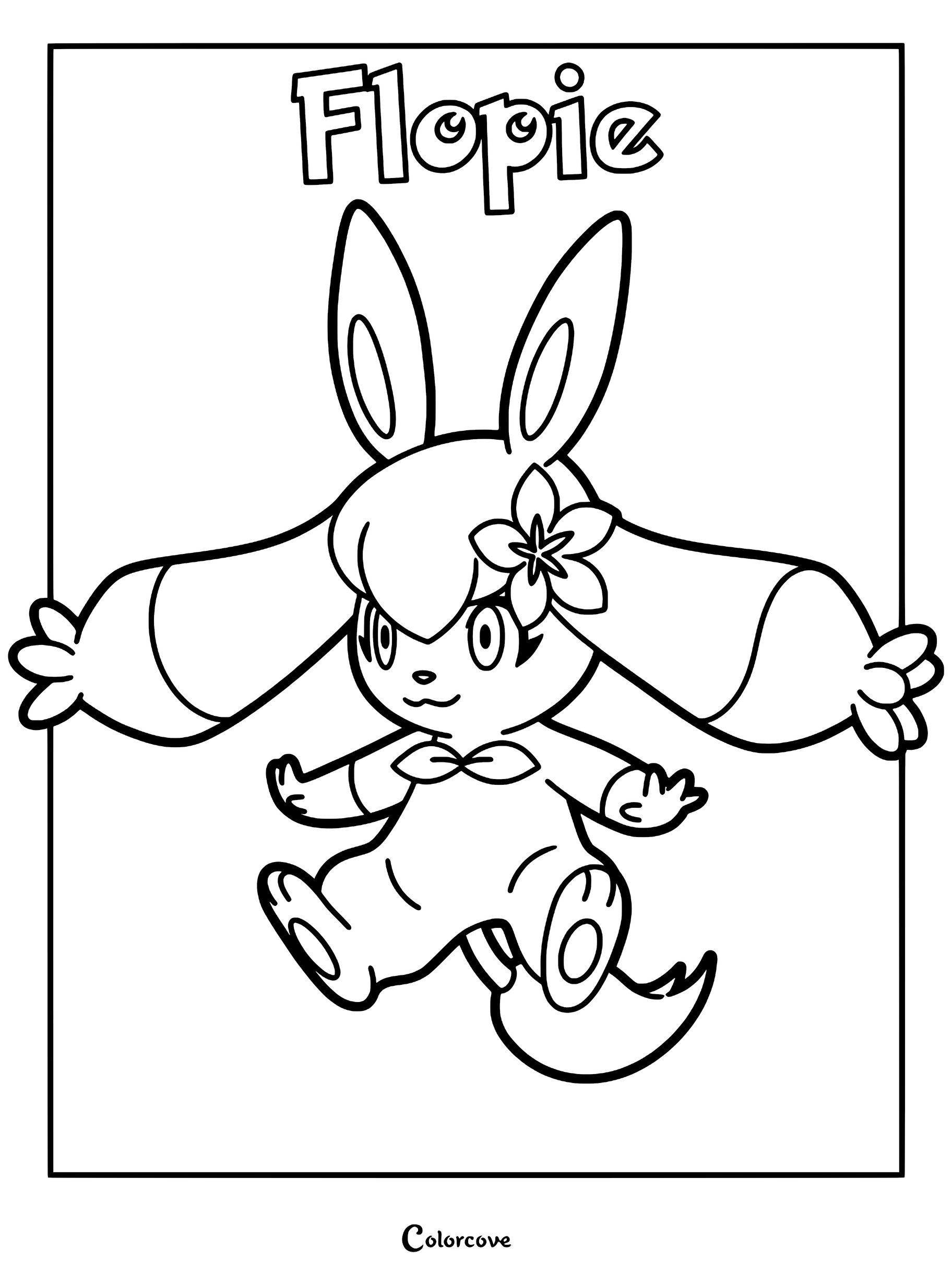 A printable coloring page featuring the Palworld character Flopie with long ears and a flower accessory.