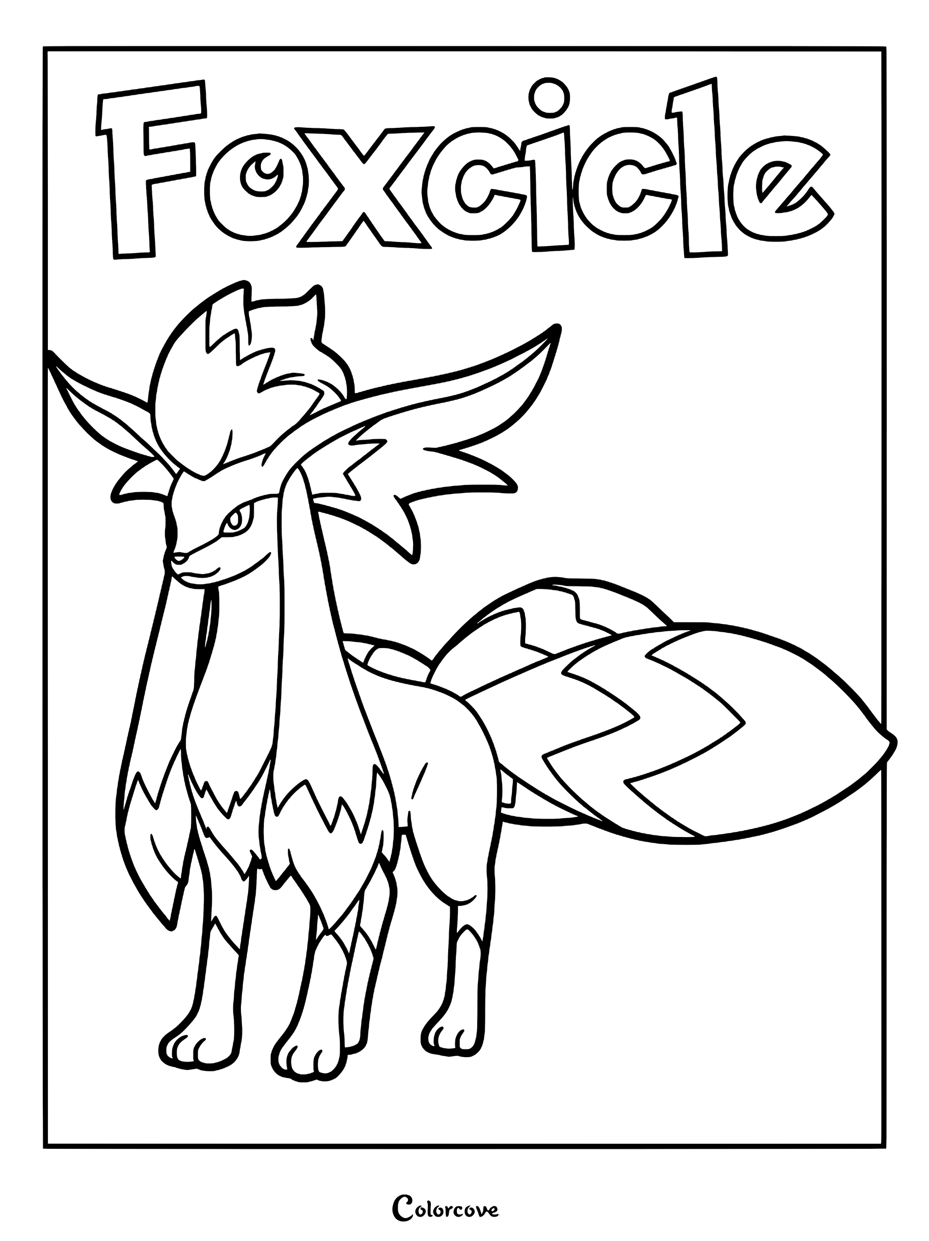 Foxcicle from Palworld standing in a proud pose, featuring its signature icy mane and large bushy tail in a printable coloring page format.