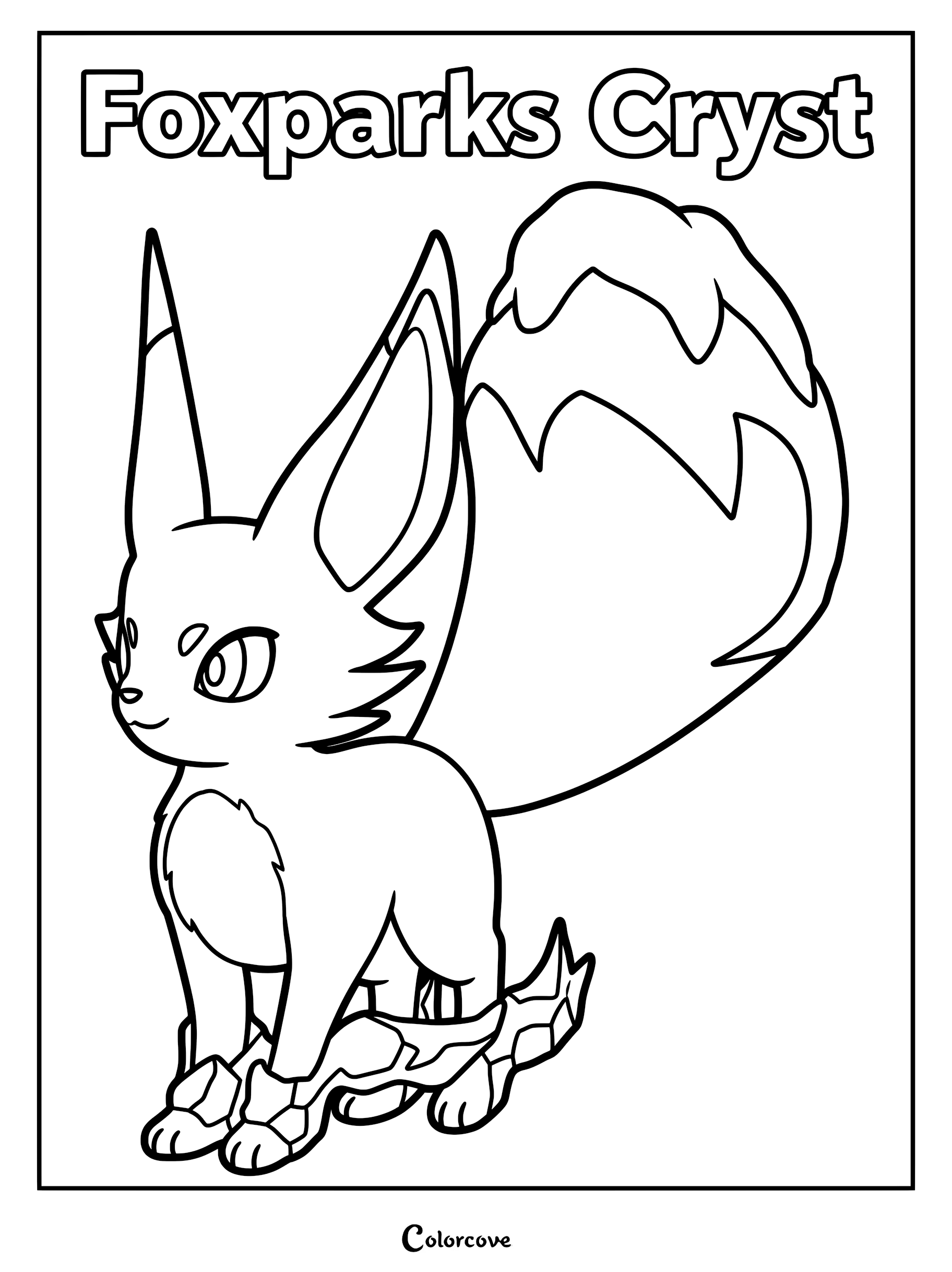 Foxparks Cryst standing with icy crystal details in a line art coloring page.