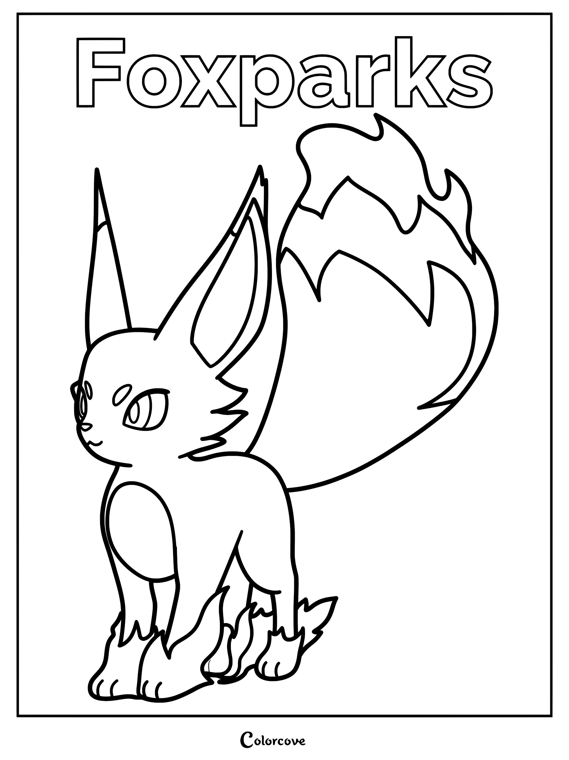 Foxparks standing with a large flame tail in this printable Palworld coloring page.