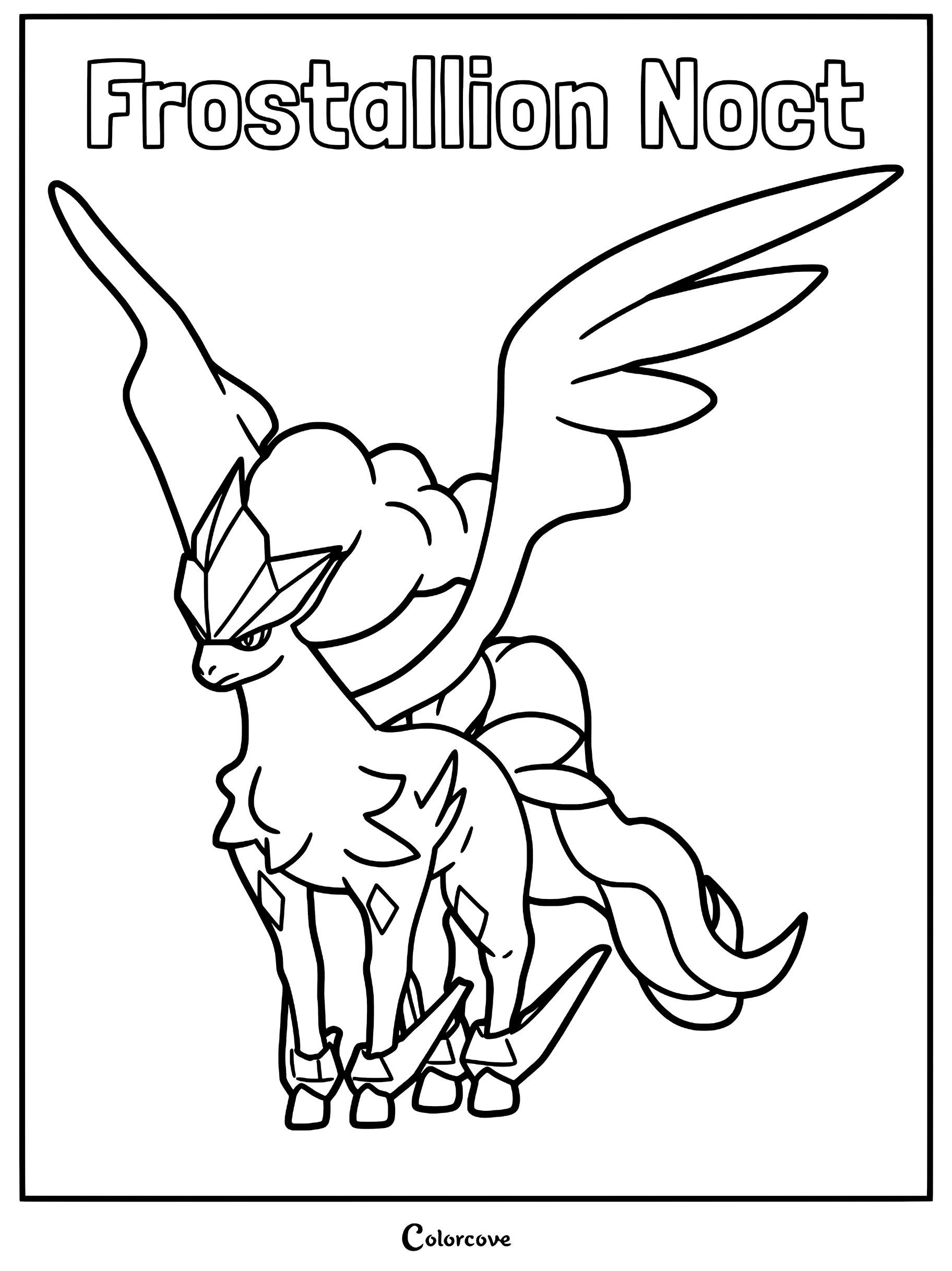 A detailed line art coloring page of the Palworld Pal Frostallion Noct, featuring its majestic wings and flowing mane.
