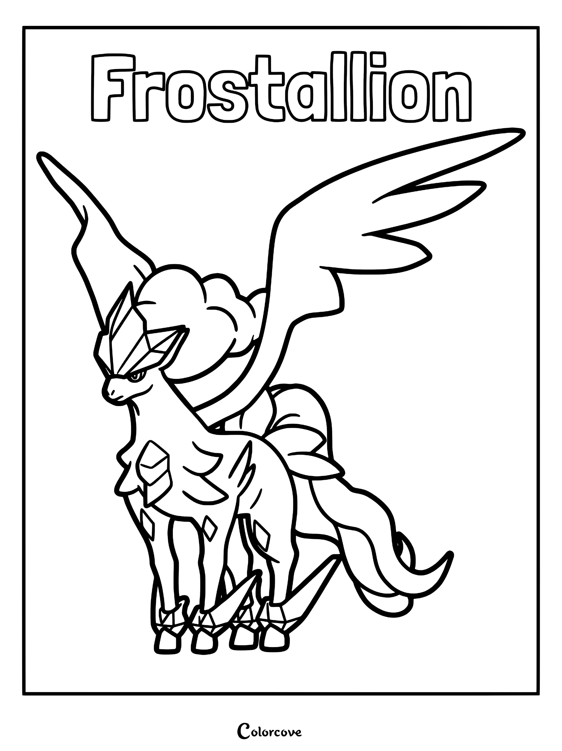 Frostallion standing with crystalline wings and icy mane in a detailed line art coloring page.