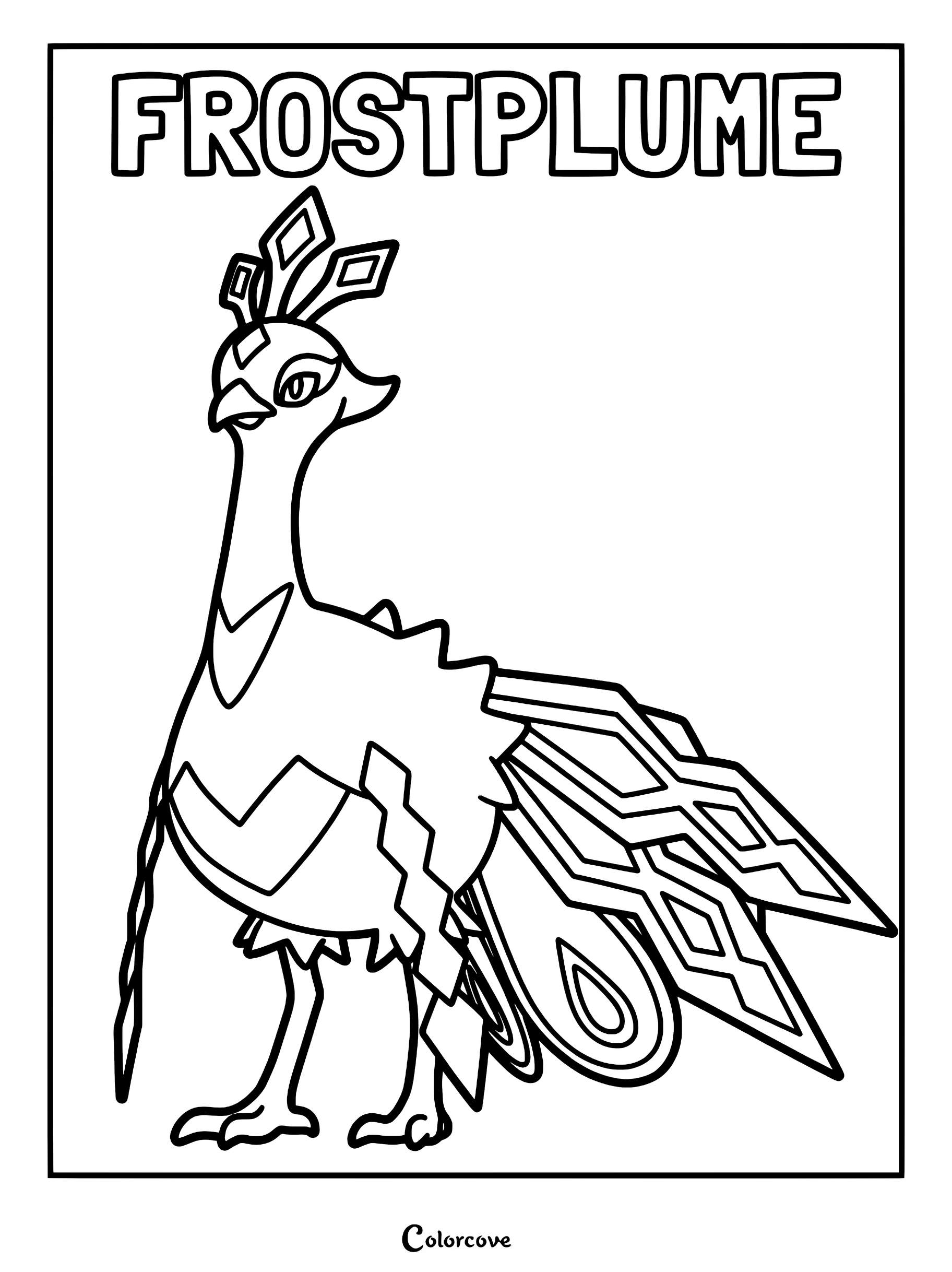 Frostplume standing tall with its elegant crest and geometric tail feathers in a printable coloring page.