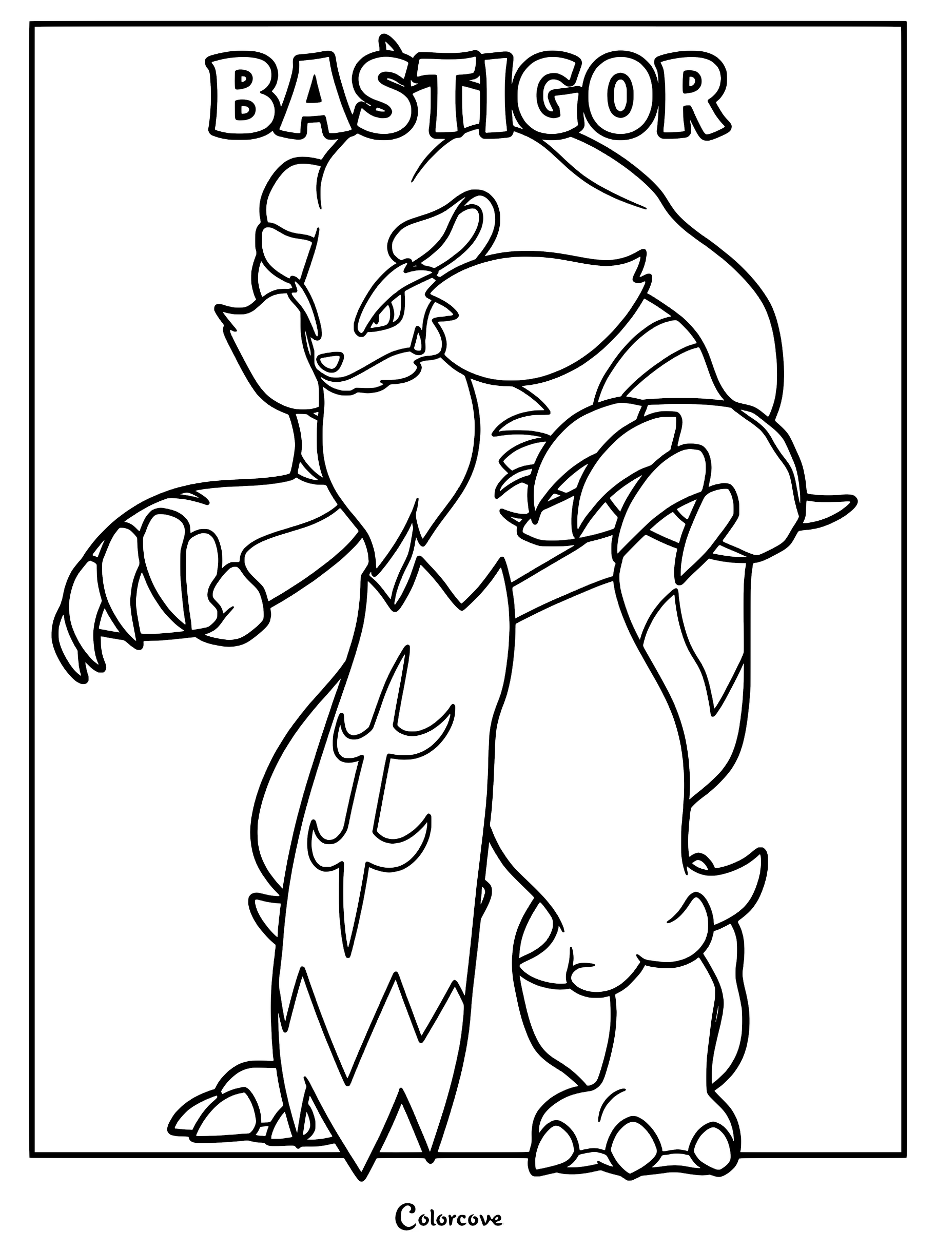 Bastigor from Palworld standing in a powerful pose, featuring sharp claws and a decorative loincloth, presented as a printable coloring page.