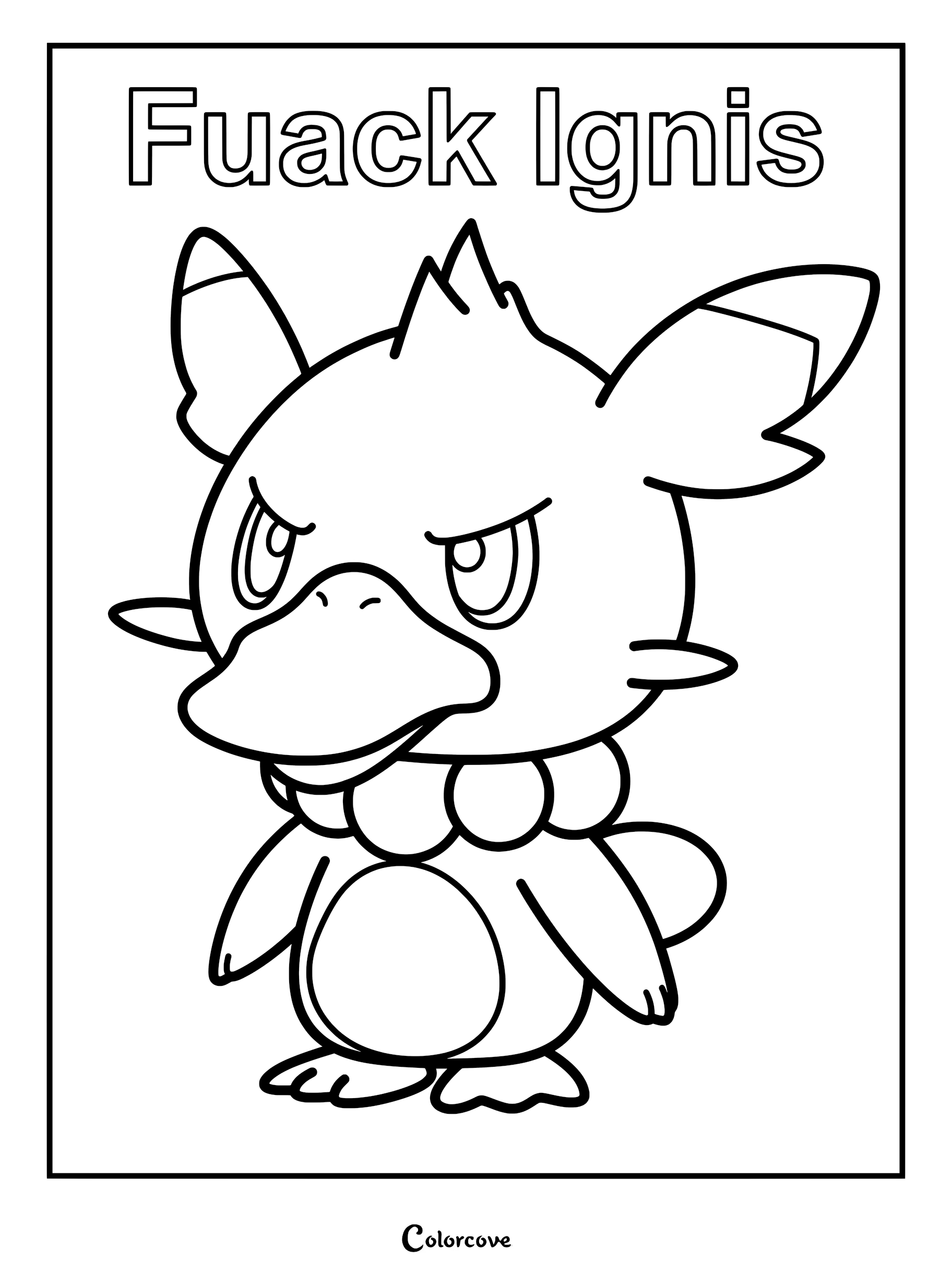 A printable coloring page featuring the Palworld character Fuack Ignis with its distinct duck-like bill and spiky hair.
