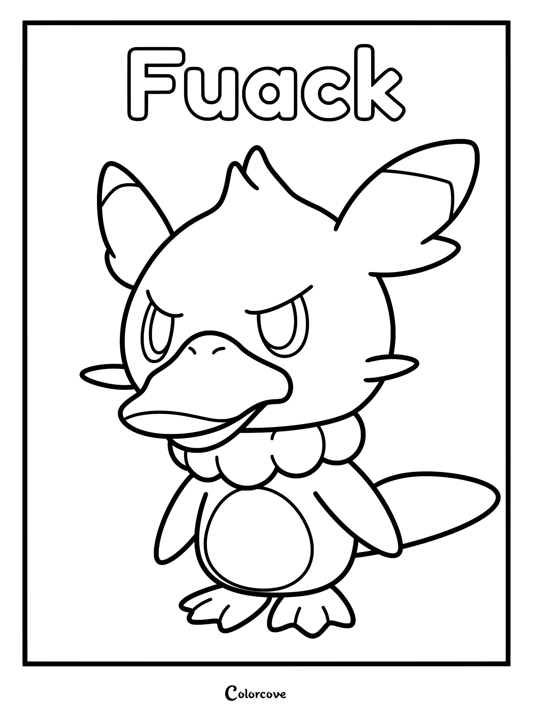 A printable coloring page featuring the Palworld character Fuack with its signature duck-like bill and determined expression.