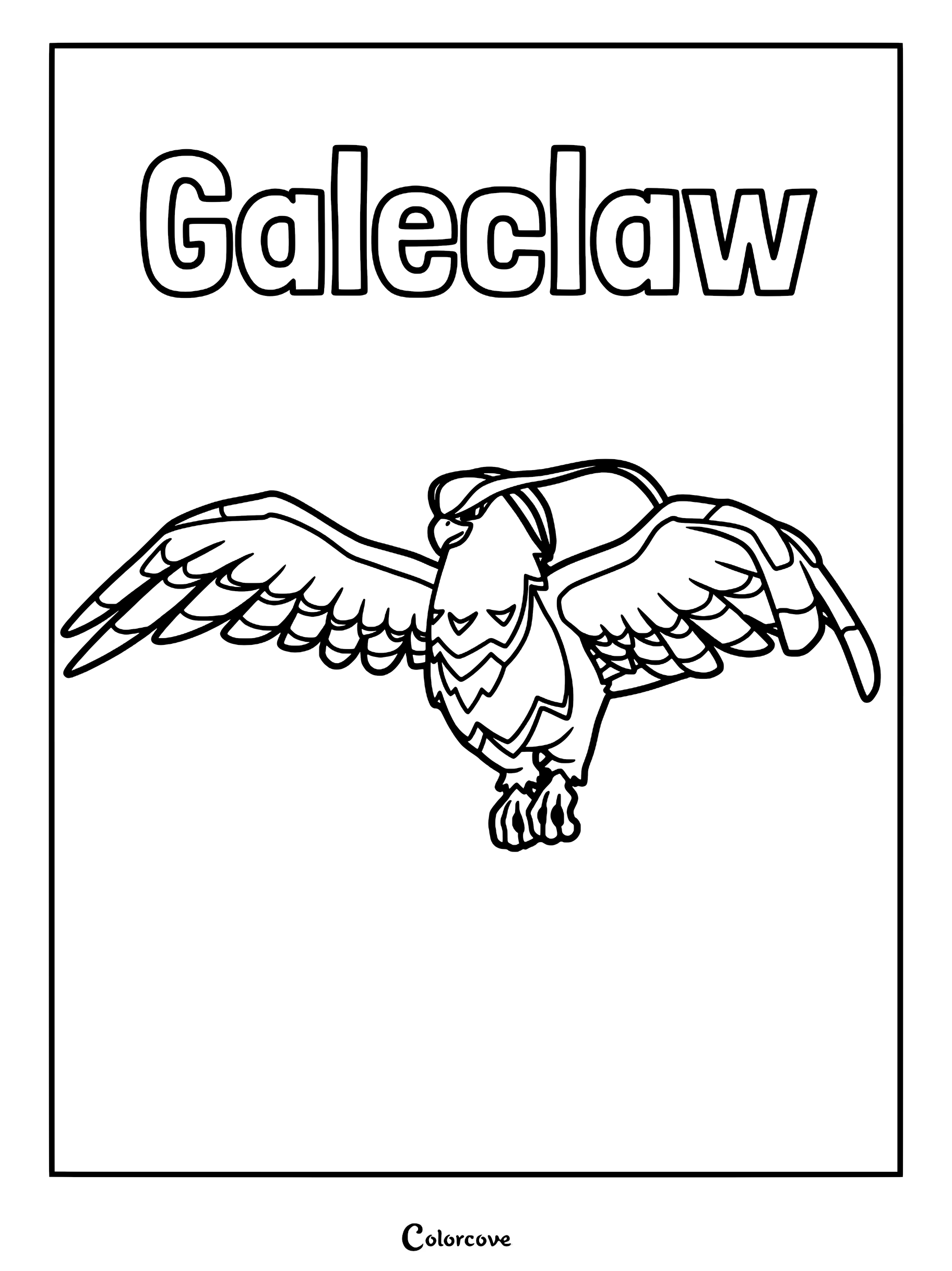 A printable coloring page featuring the Palworld Pal Galeclaw with wings spread wide in flight.