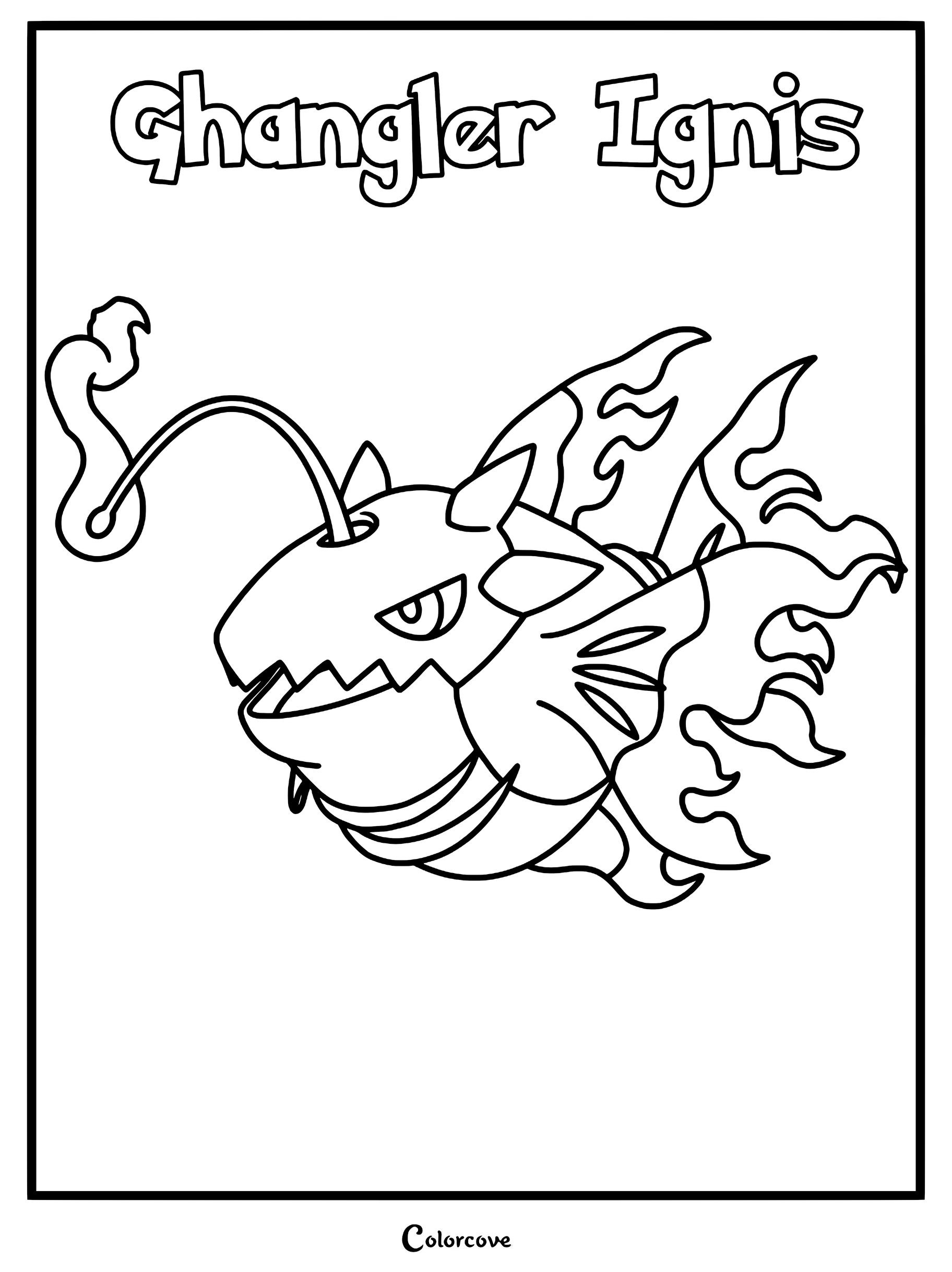 Ghangler Ignis from Palworld with a glowing lure and fiery fins in a printable coloring page format.