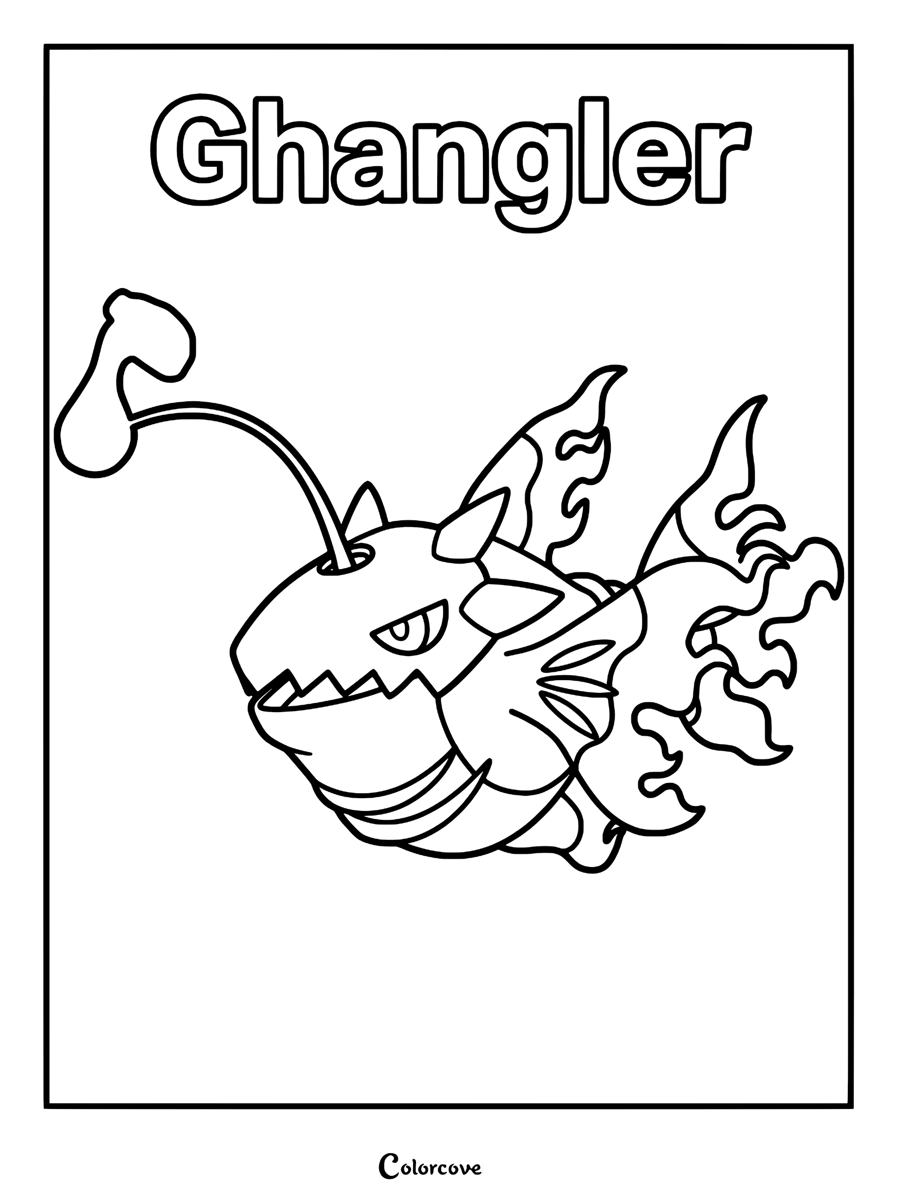 Ghangler from Palworld with its signature angler lure and flame-like fins in a printable coloring page format.