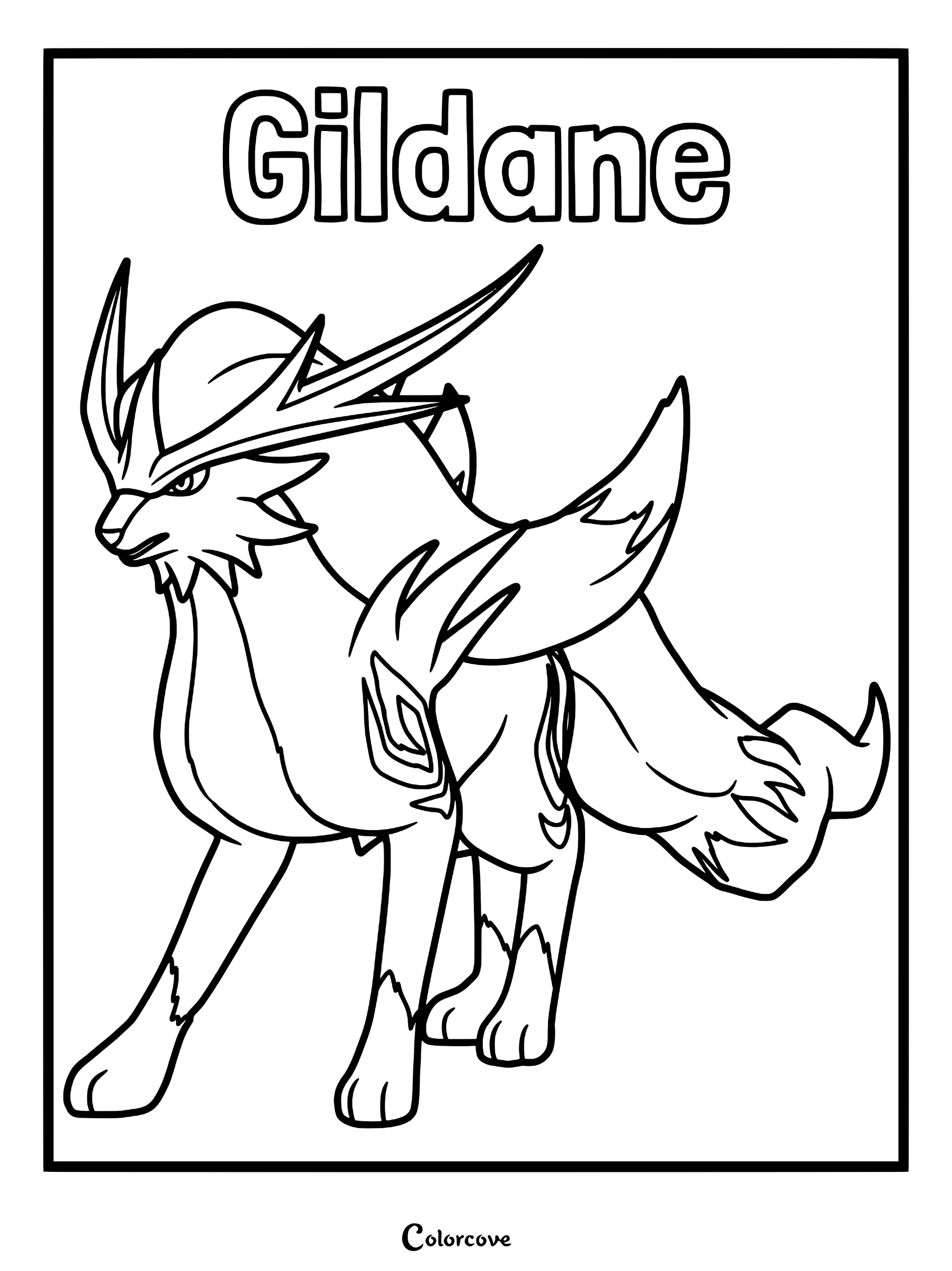 Gildane from Palworld standing in a proud pose, featured as a printable coloring page with bold outlines.