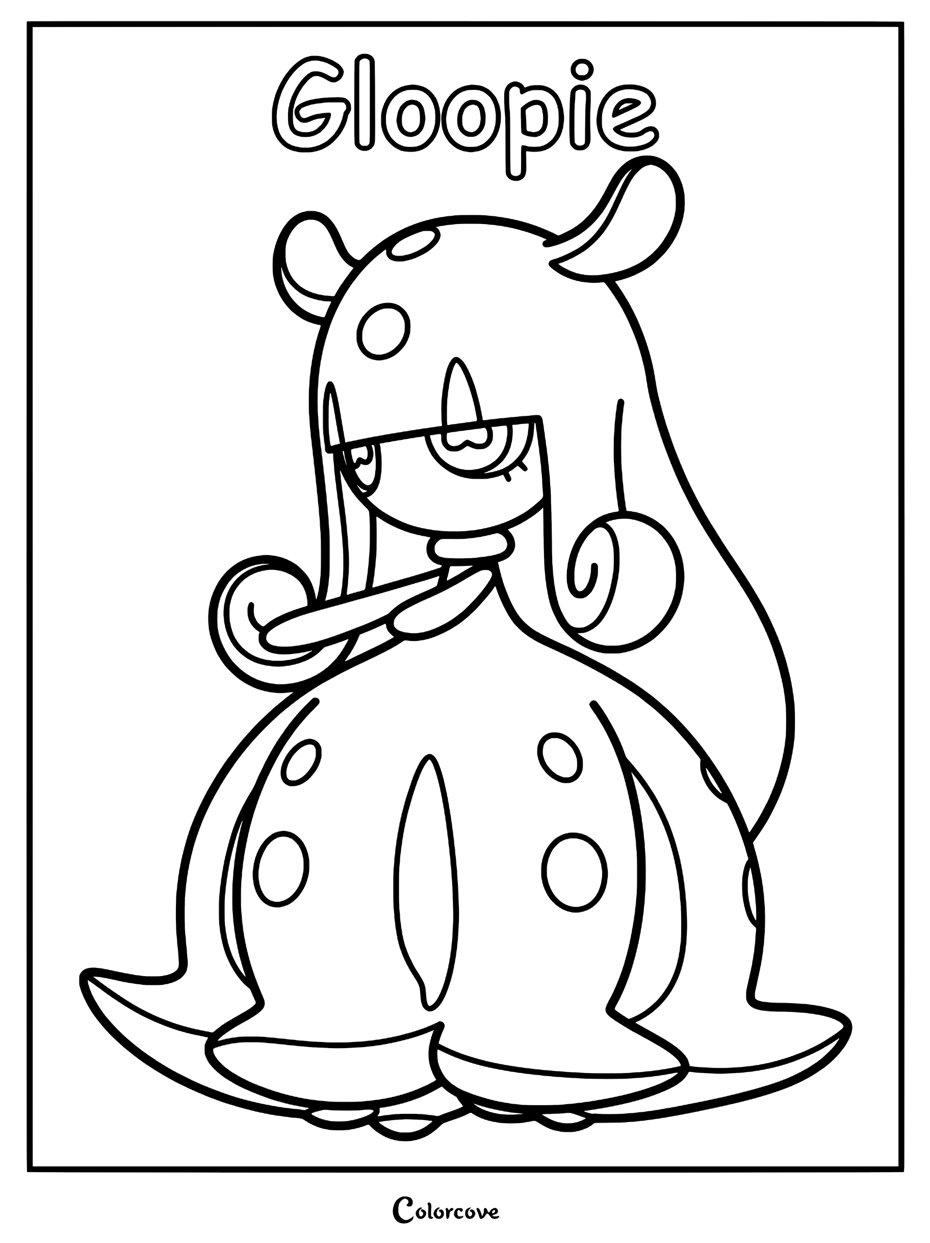 A printable coloring page featuring the Palworld character Gloopie with its distinct spotted hood and flowing skirt.