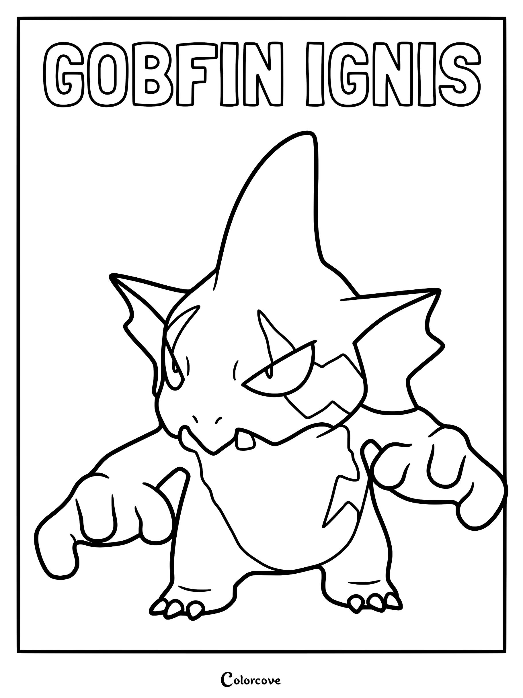 A printable coloring page featuring the Palworld character Gobfin Ignis with its signature fin-like head and sharp features.