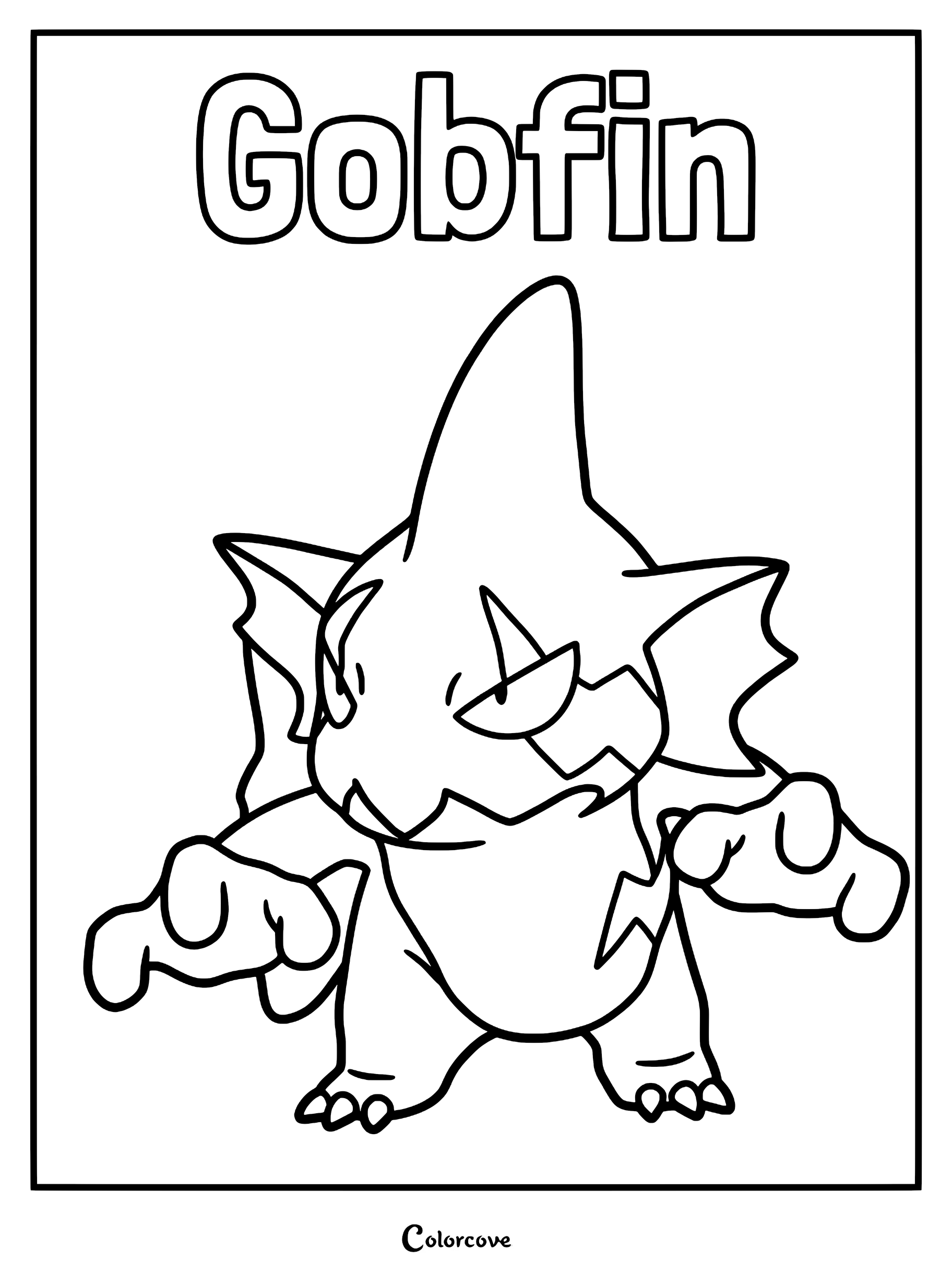 A printable coloring page featuring the Palworld character Gobfin with its signature fin and sharp features.