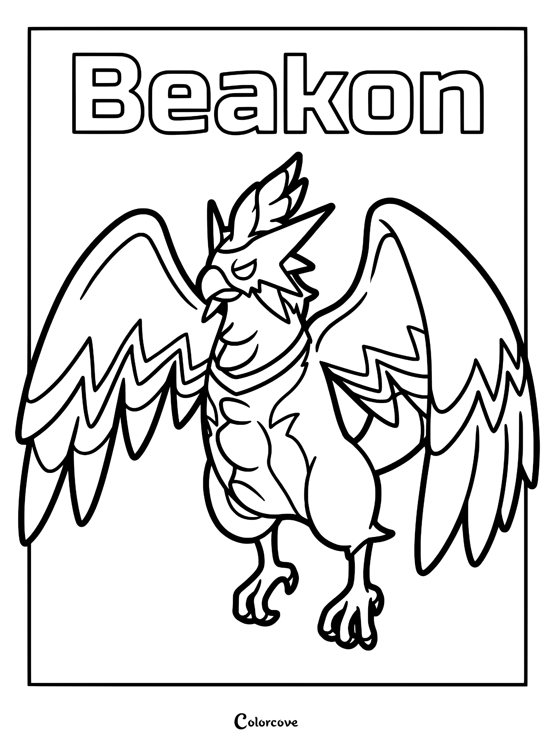 A printable coloring page featuring the Palworld Pal Beakon with its wings spread wide and sharp talons visible.
