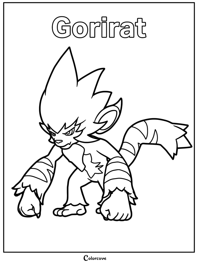 Gorirat from Palworld standing in a fierce pose, featured on a printable coloring page with bold outlines.