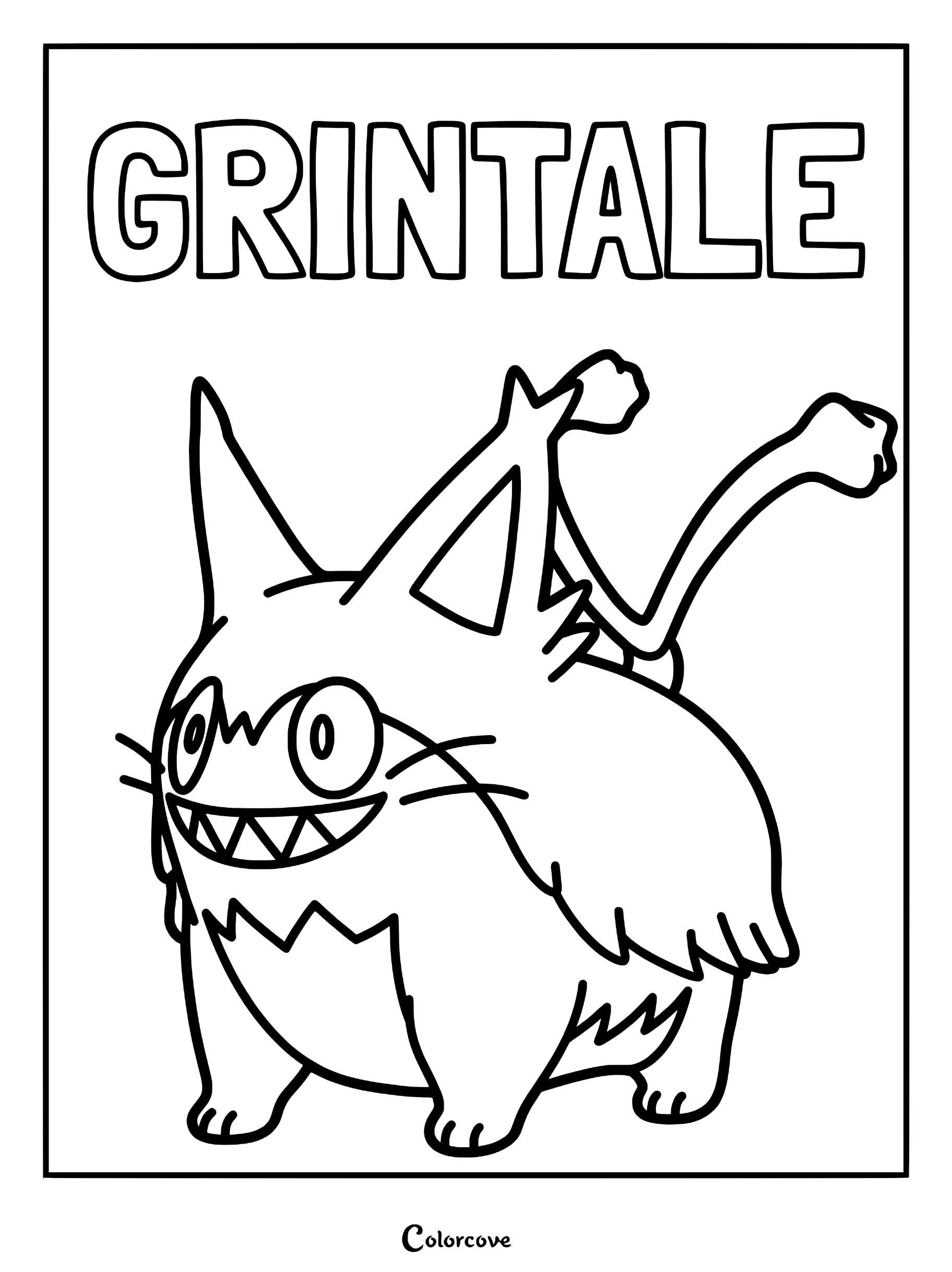 A printable coloring page featuring the Palworld character Grintale with its signature wide grin and pointed ears.