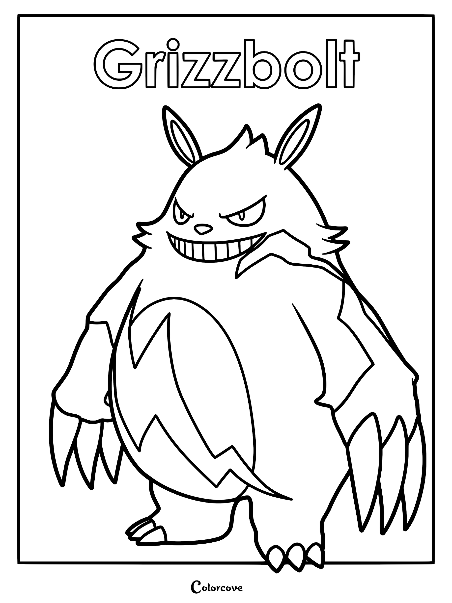 Grizzbolt from Palworld standing with a mischievous grin, featured in a printable line art coloring page.