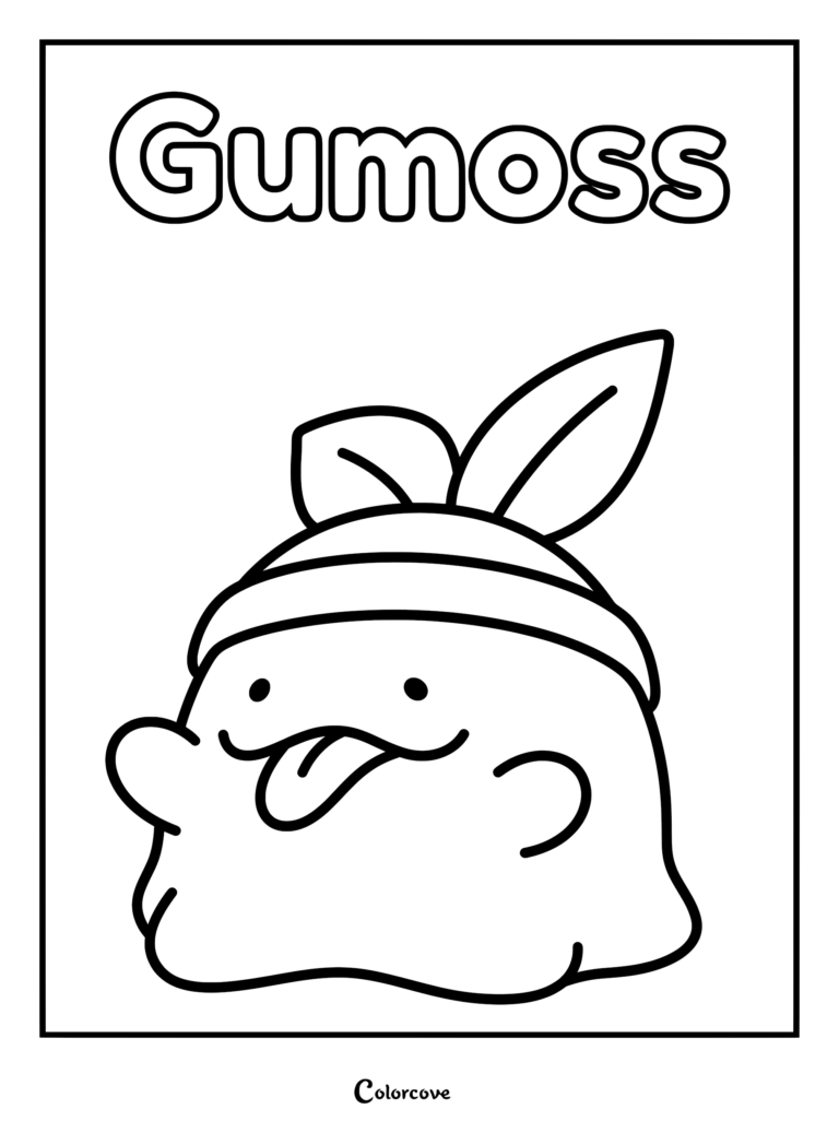 A printable coloring page featuring the Palworld character Gumoss with its signature leaf and tongue sticking out.