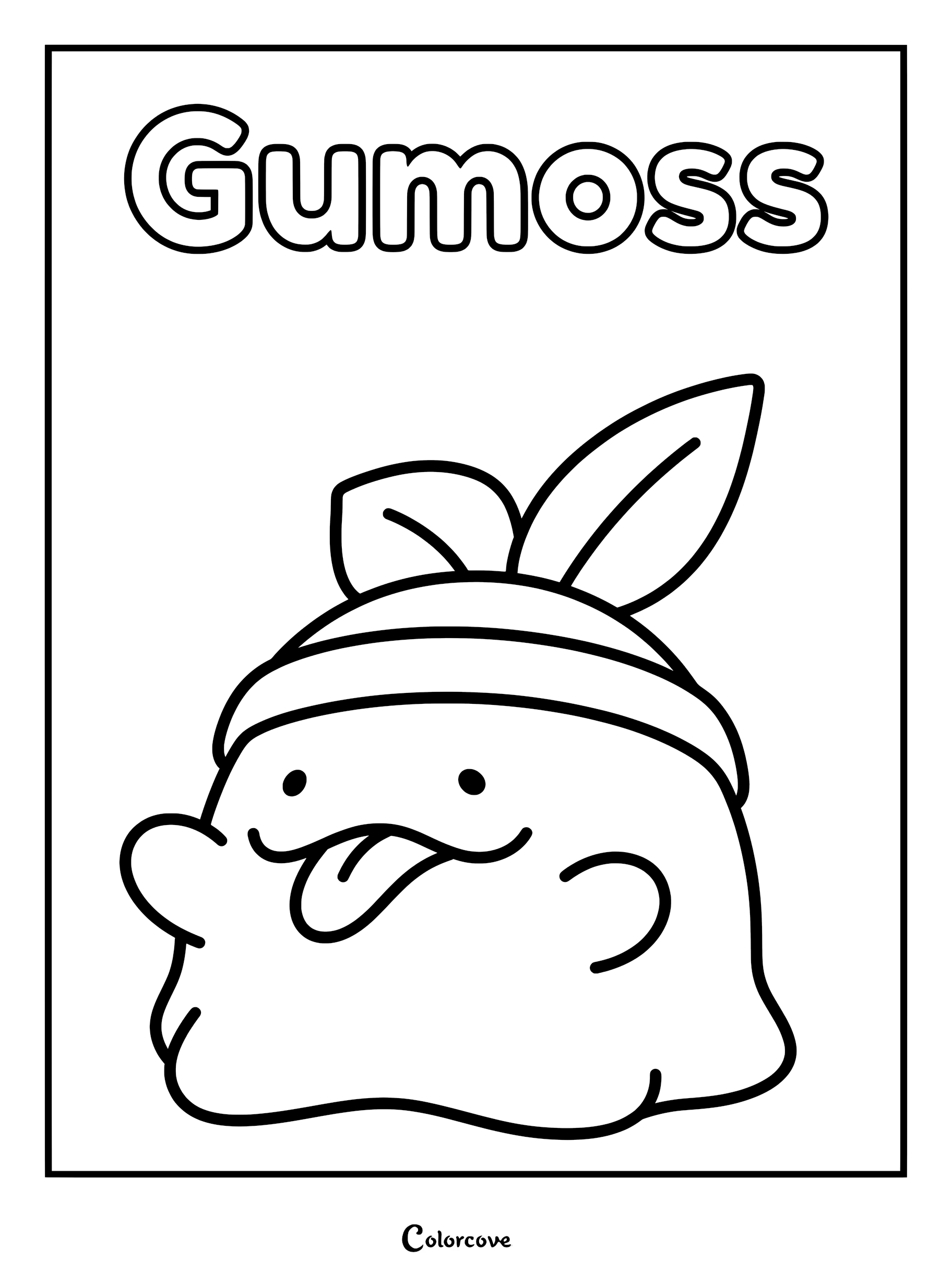A printable coloring page featuring the Palworld character Gumoss with its signature leaf and tongue sticking out.