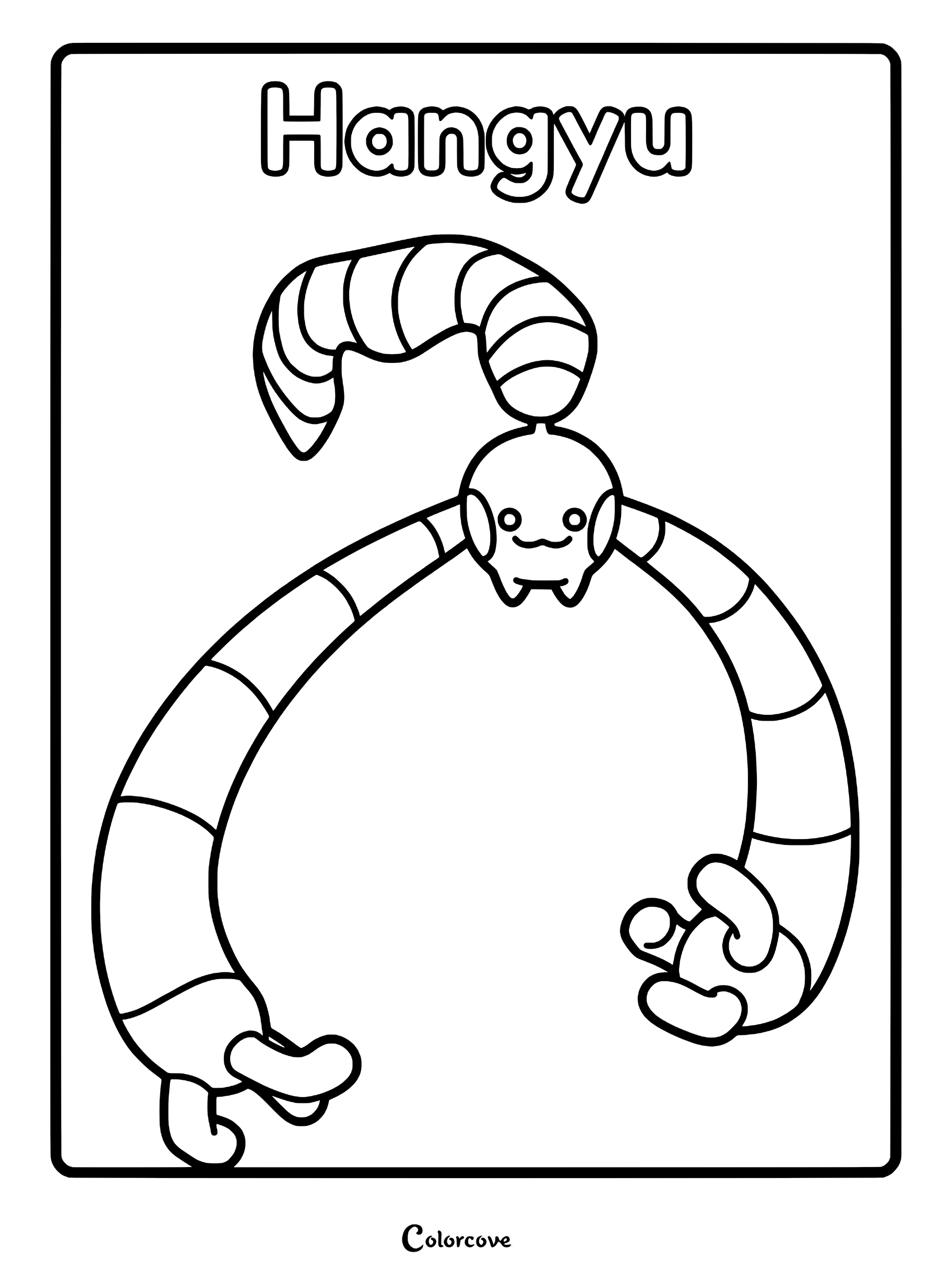 A printable coloring page featuring the Palworld Pal Hangyu with its long striped arms and tail.