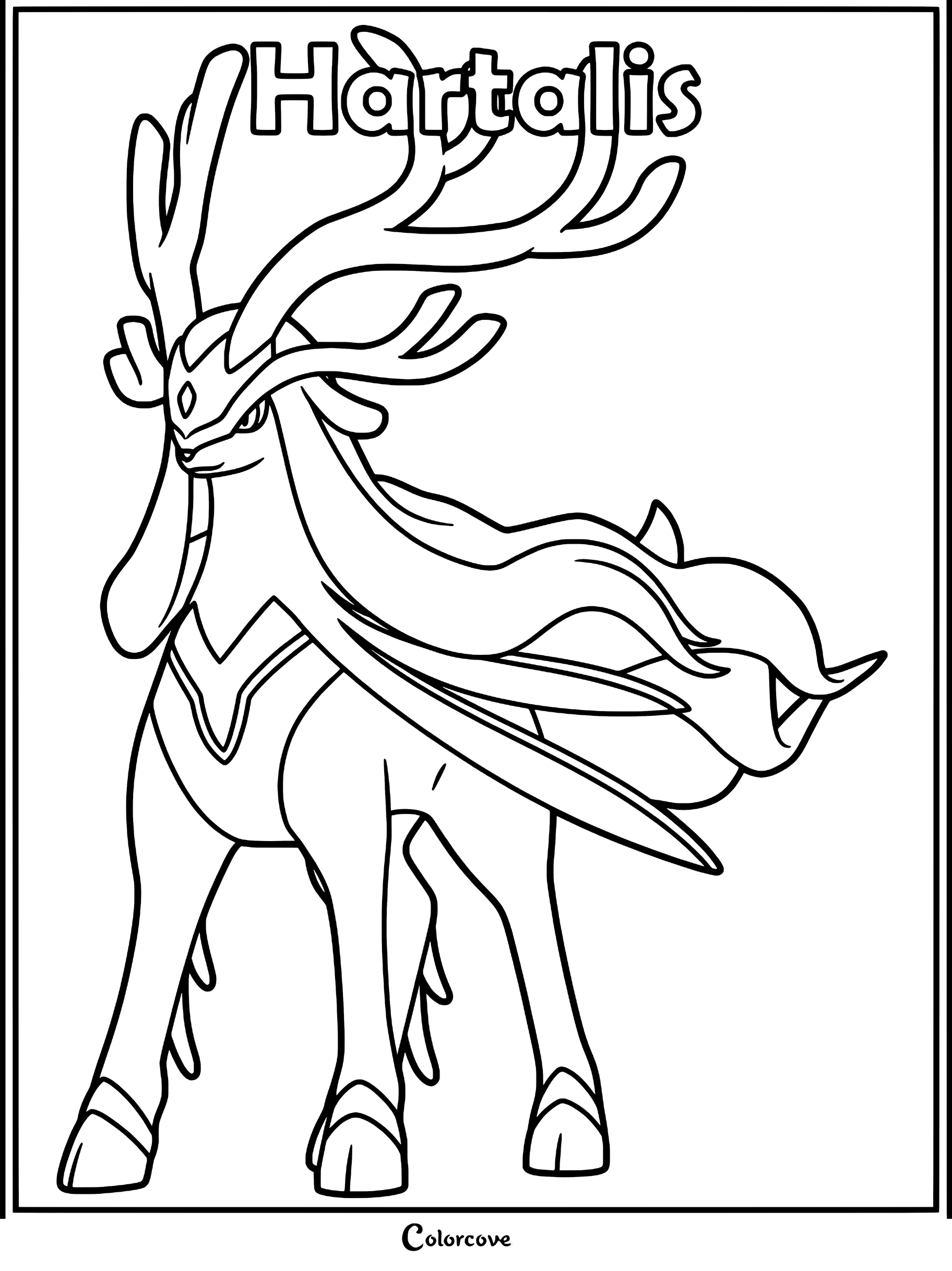 A detailed line art coloring page of the Palworld creature Hartalis, featuring its large antlers and flowing mane.