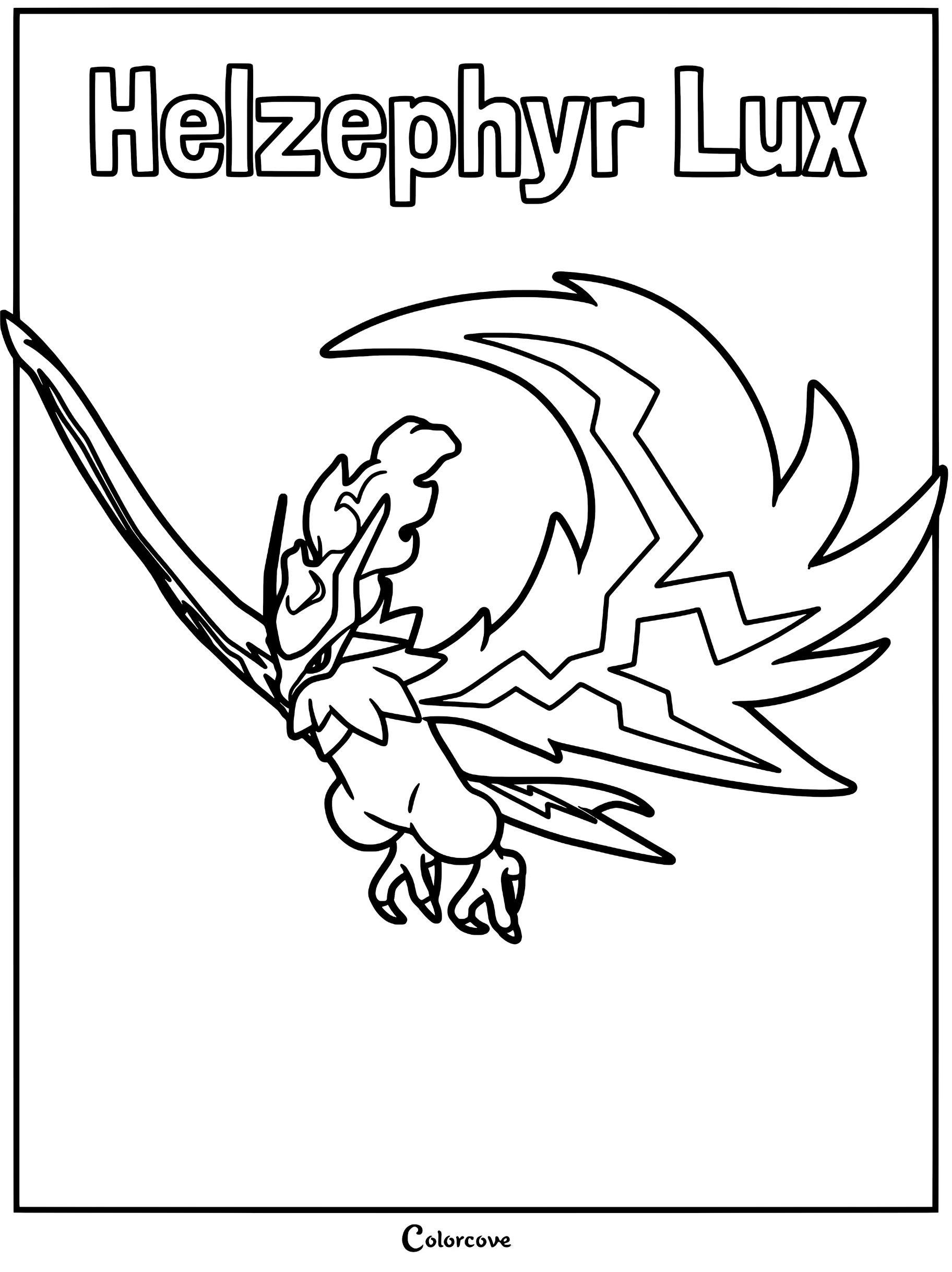 A detailed line art coloring page of the Palworld Pal Helzephyr Lux, featuring its signature lightning-patterned wings and sharp, avian-like features.