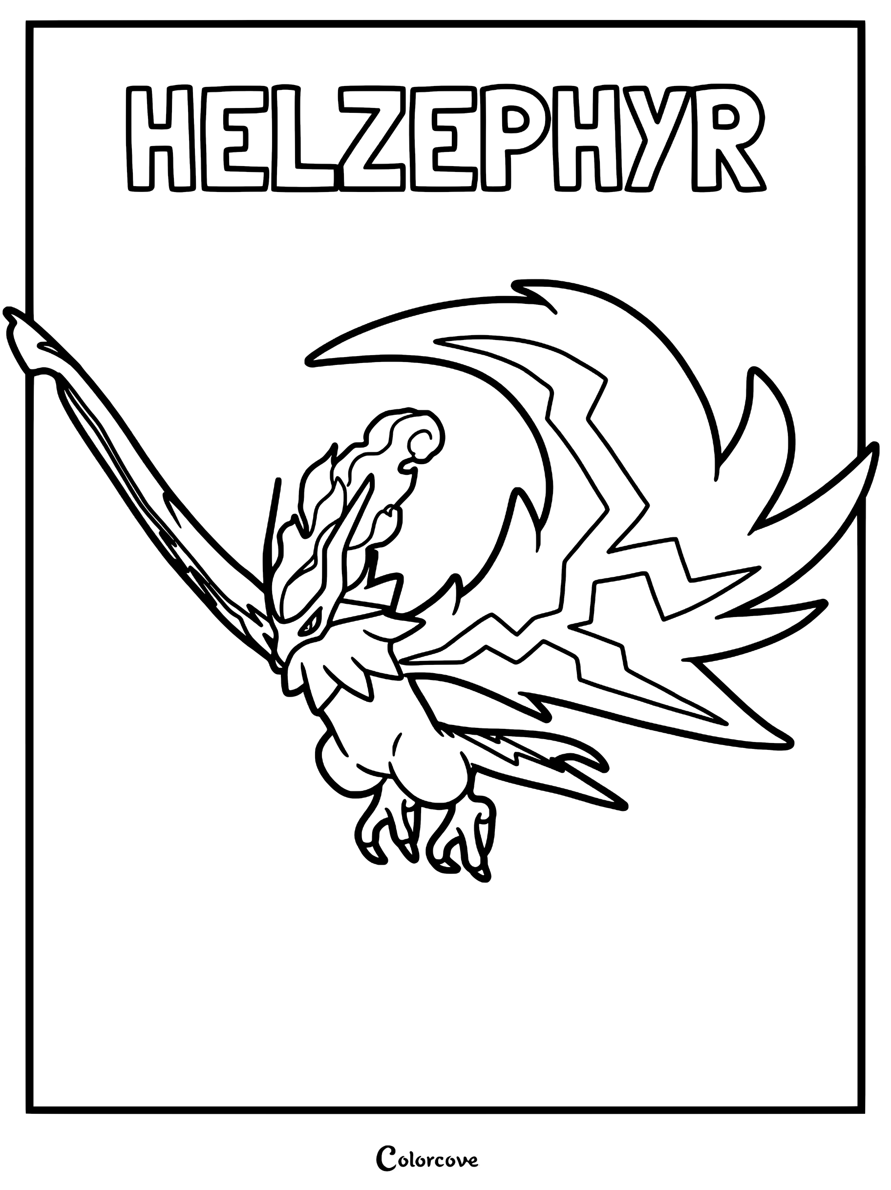Helzephyr flying with large wings spread wide on a printable coloring page.