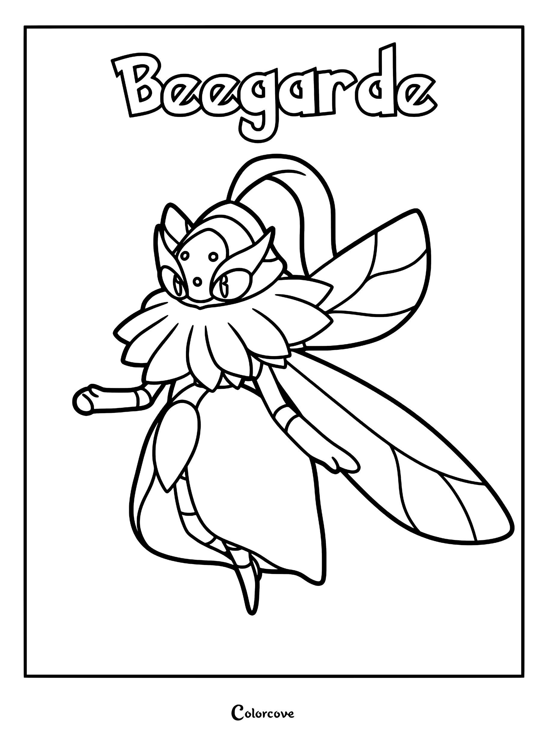 Beegarde from Palworld with large wings and a floral collar in a printable coloring page format.