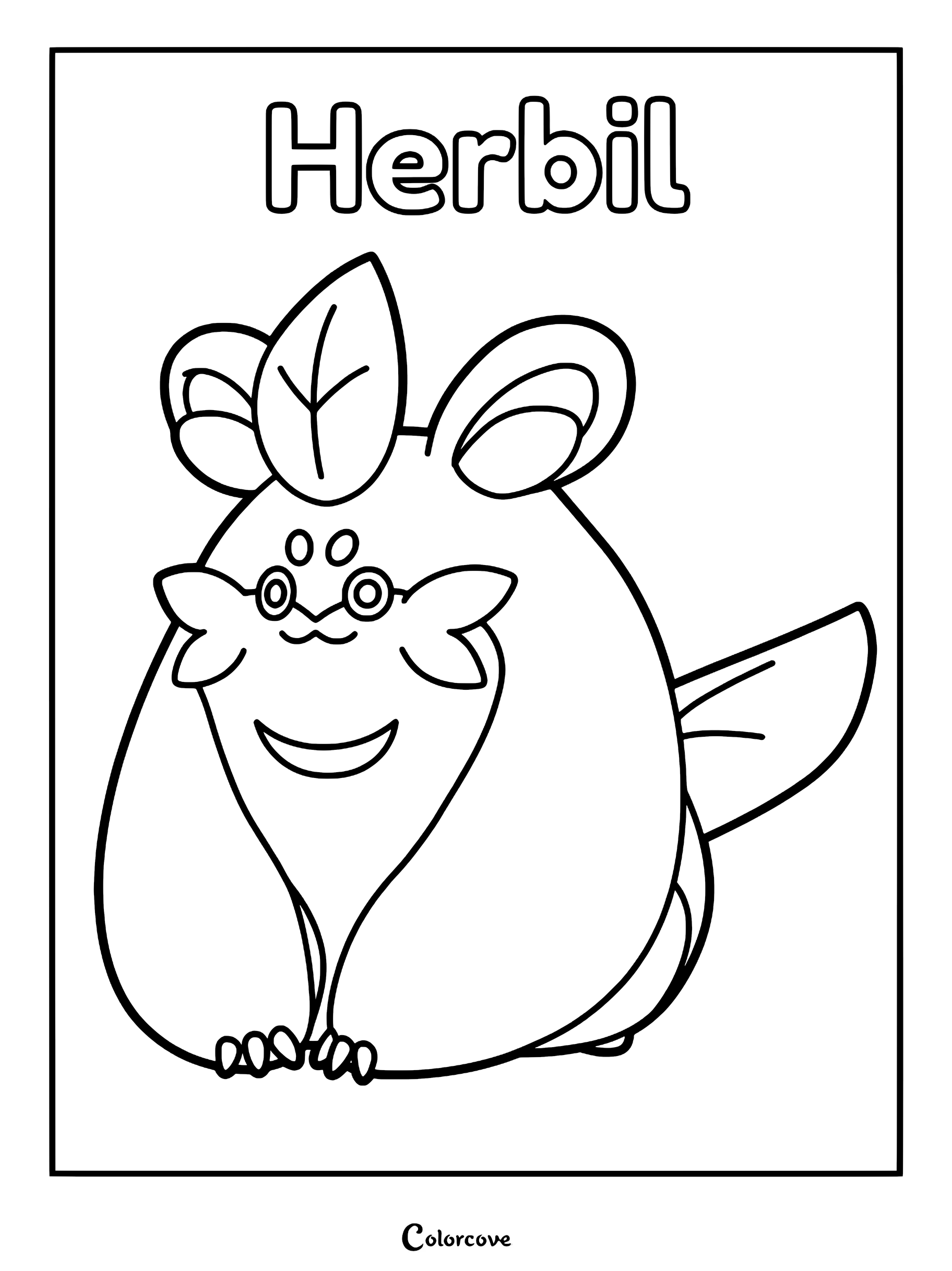 A black and white line art coloring page of the Palworld creature Herbil, featuring its round body, leaf-shaped head crest, and small paws.