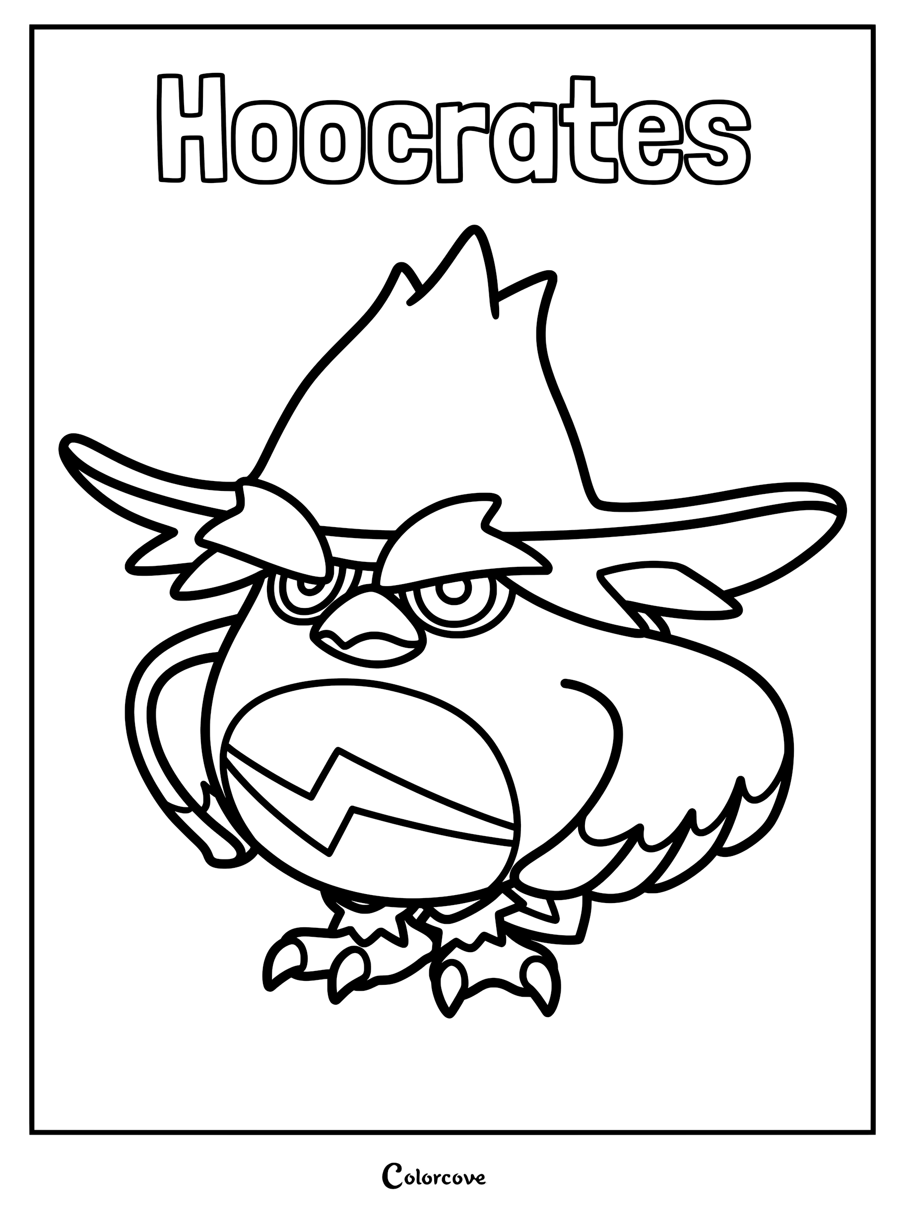 Hoocrates Palworld character line art coloring page featuring the owl-like creature with a wide hat and lightning bolt chest pattern.