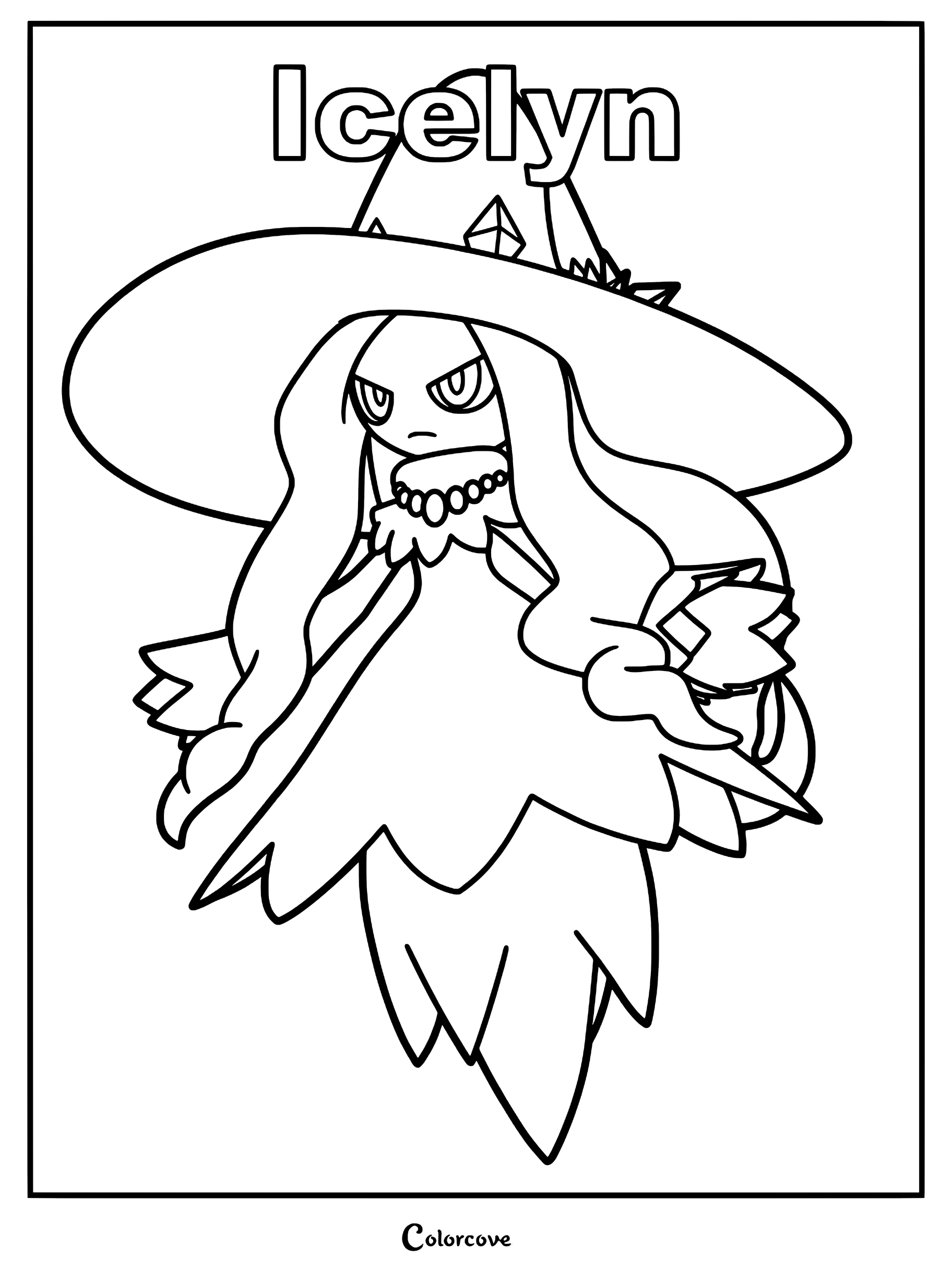Icelyn from Palworld wearing a large witch hat and necklace in a printable coloring page format.