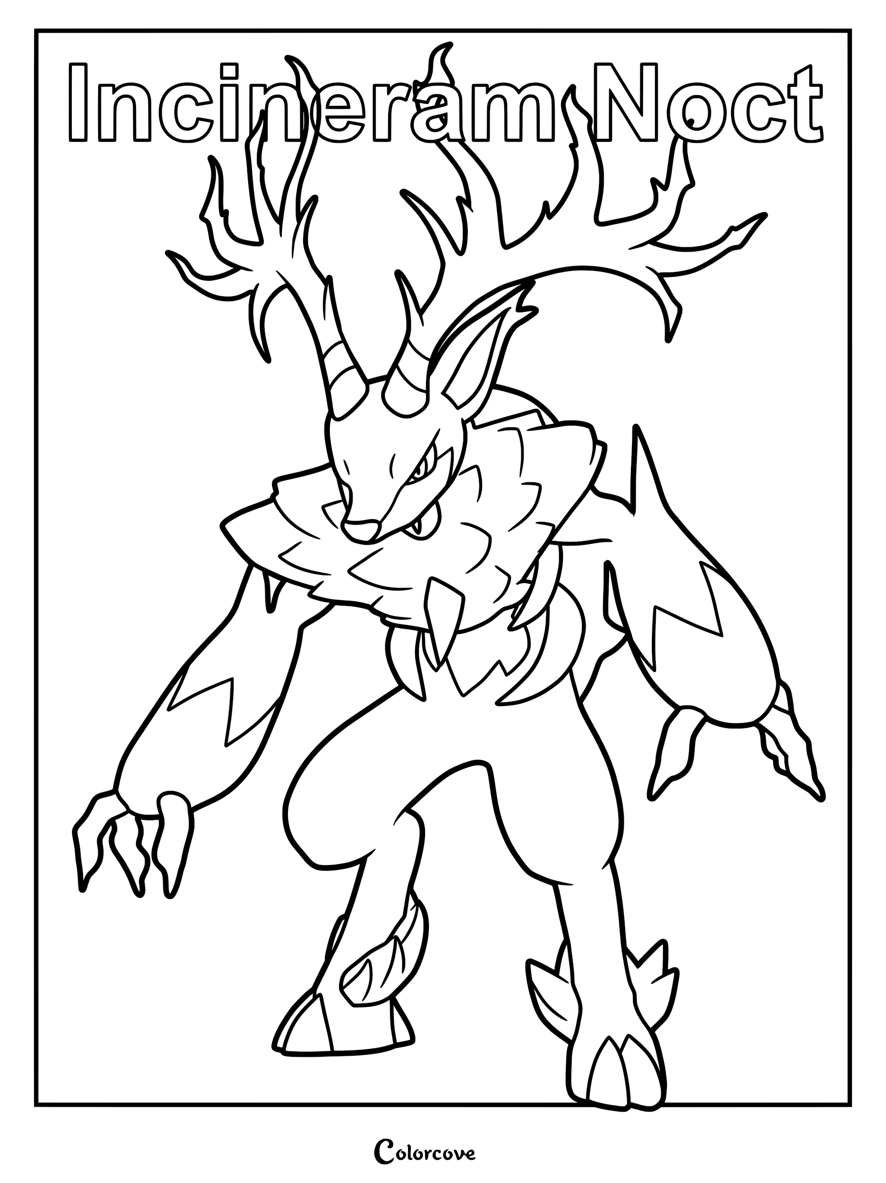A detailed coloring page of the Palworld Pal Incineram Noct, featuring its large antlers, sharp claws, and distinct fur collar.