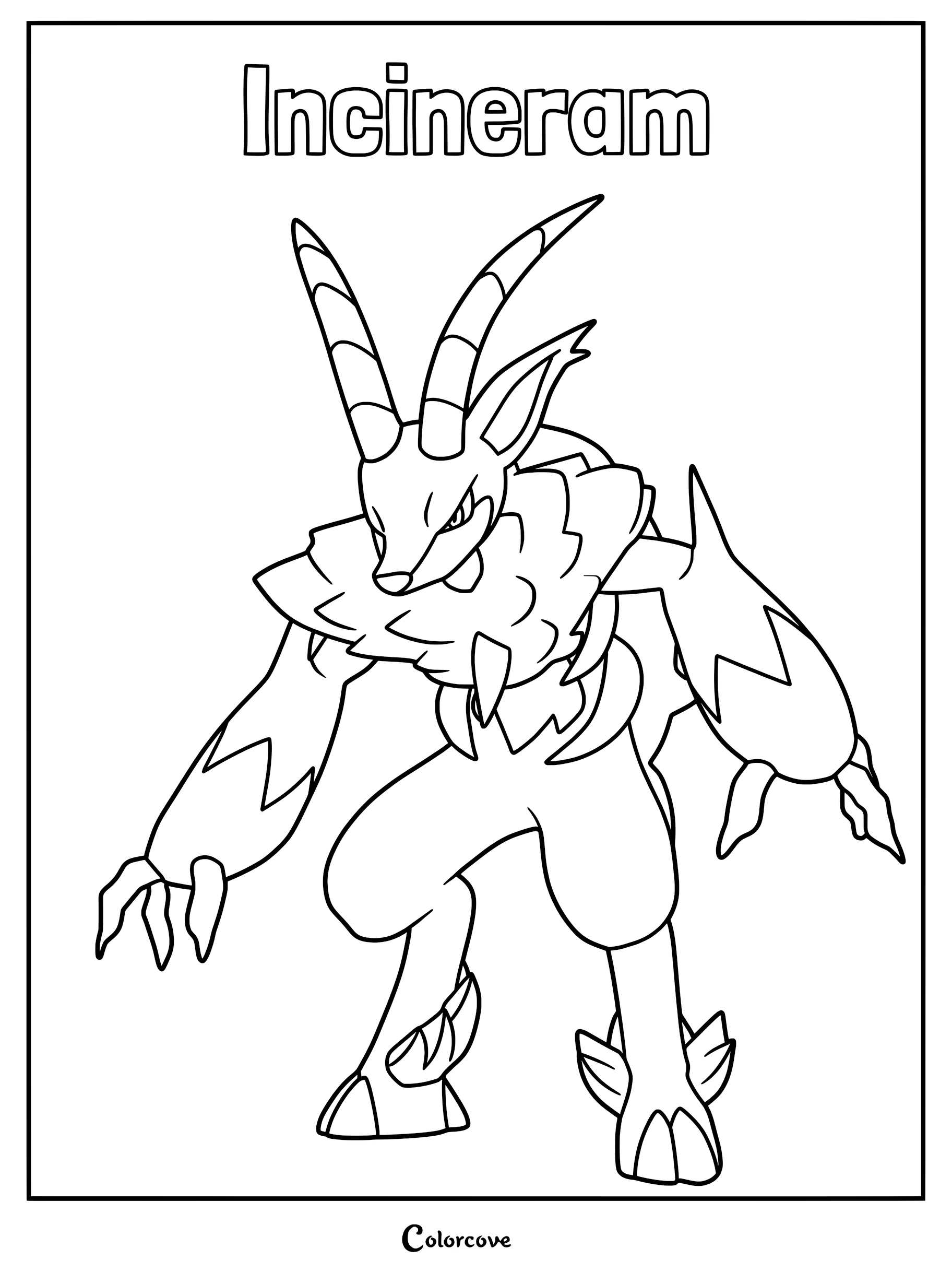 Incineram from Palworld standing in a powerful pose, featuring large horns and sharp claws on this printable coloring page.