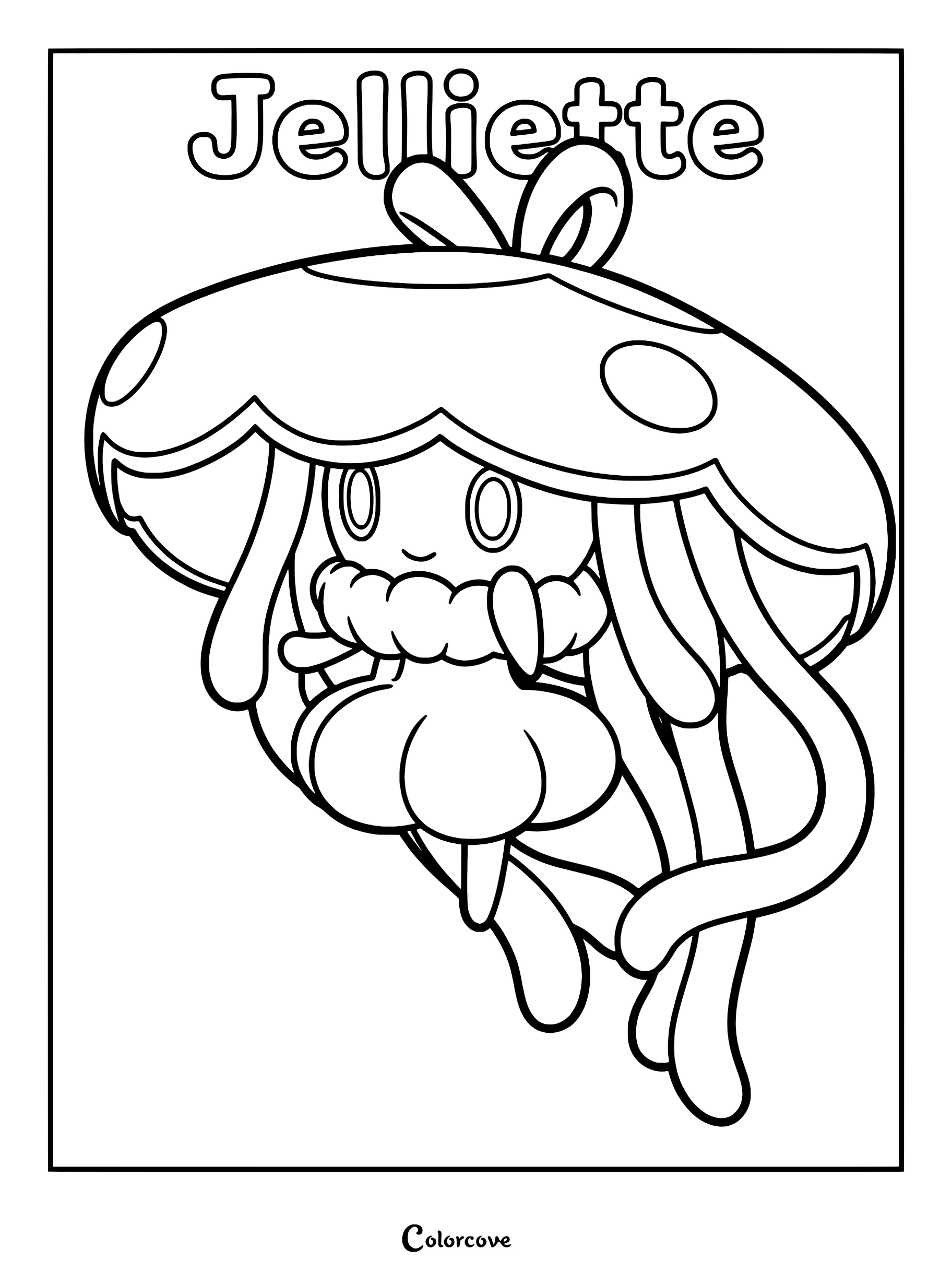 Jelliette from Palworld with a large jellyfish-like cap and flowing tentacles in a printable line art coloring page.