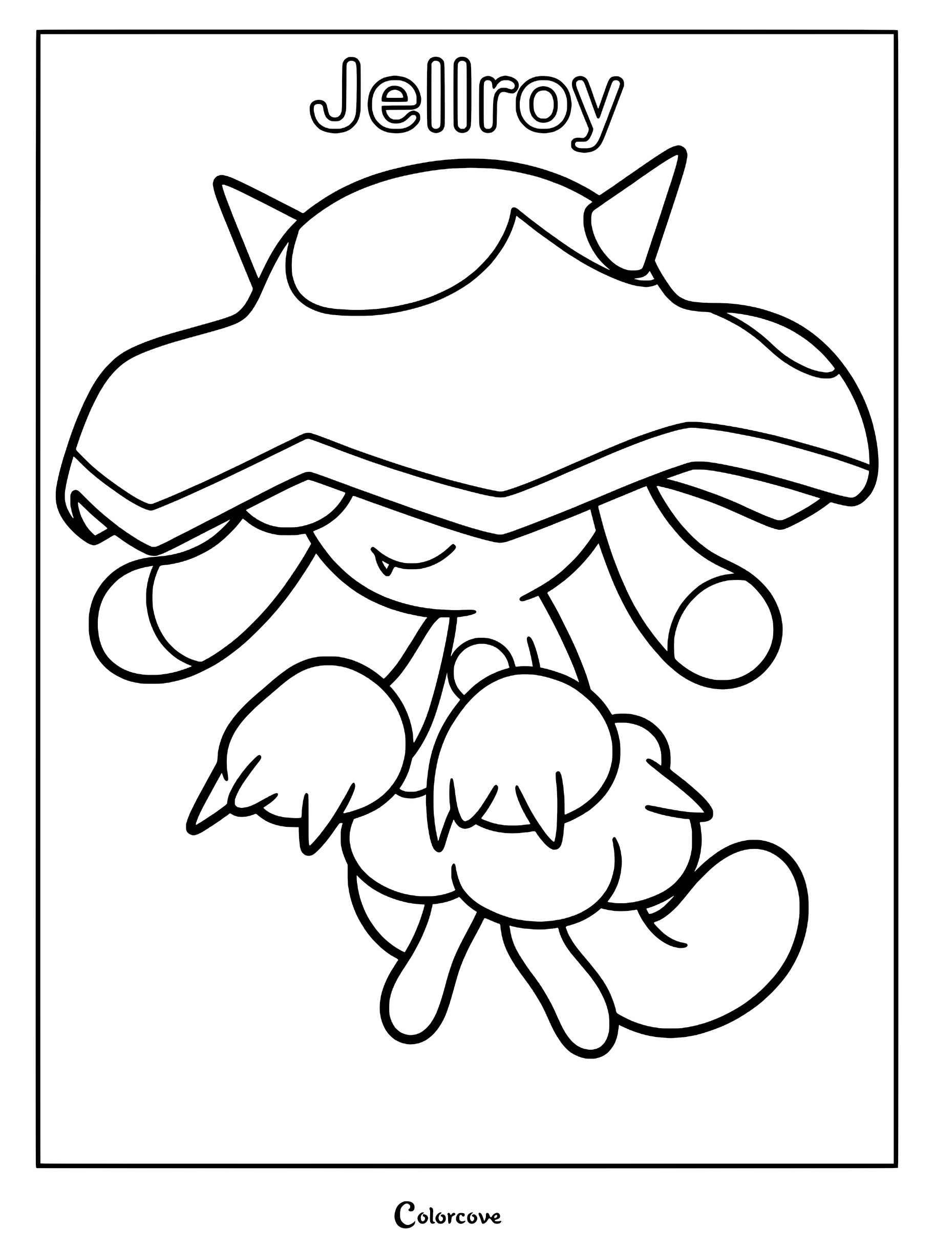 Jellroy from Palworld standing with a large mushroom-like hat, detailed line art coloring page.