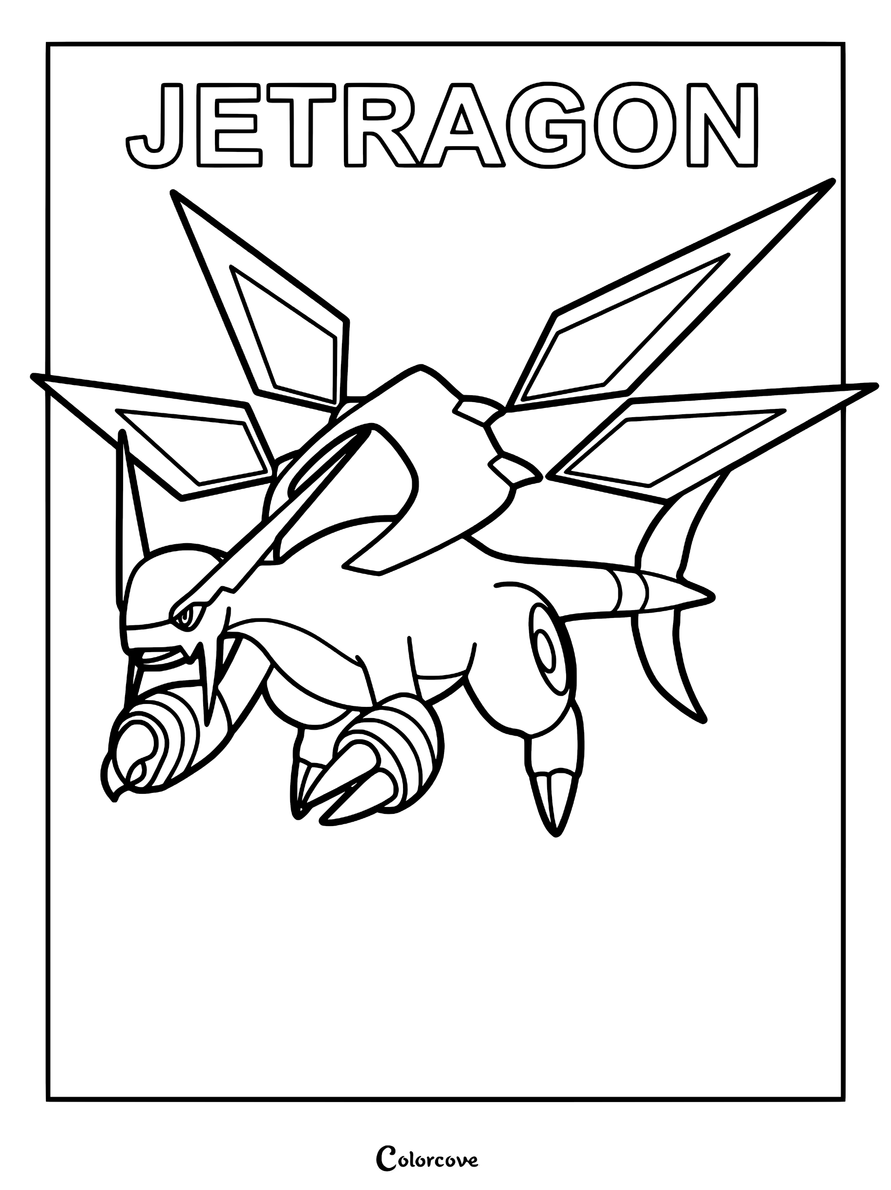Jetragon from Palworld in a detailed line art coloring page featuring its signature wings and mechanical dragon design.