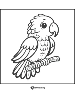 Coloring page of a cute parrot perched on a branch, ideal for kids' coloring activities. Image from colorcove.org.
