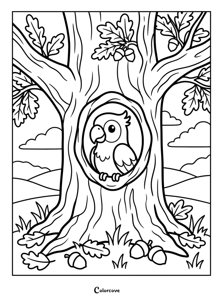 A cute parrot peeking out from a hollow in a large oak tree coloring page.