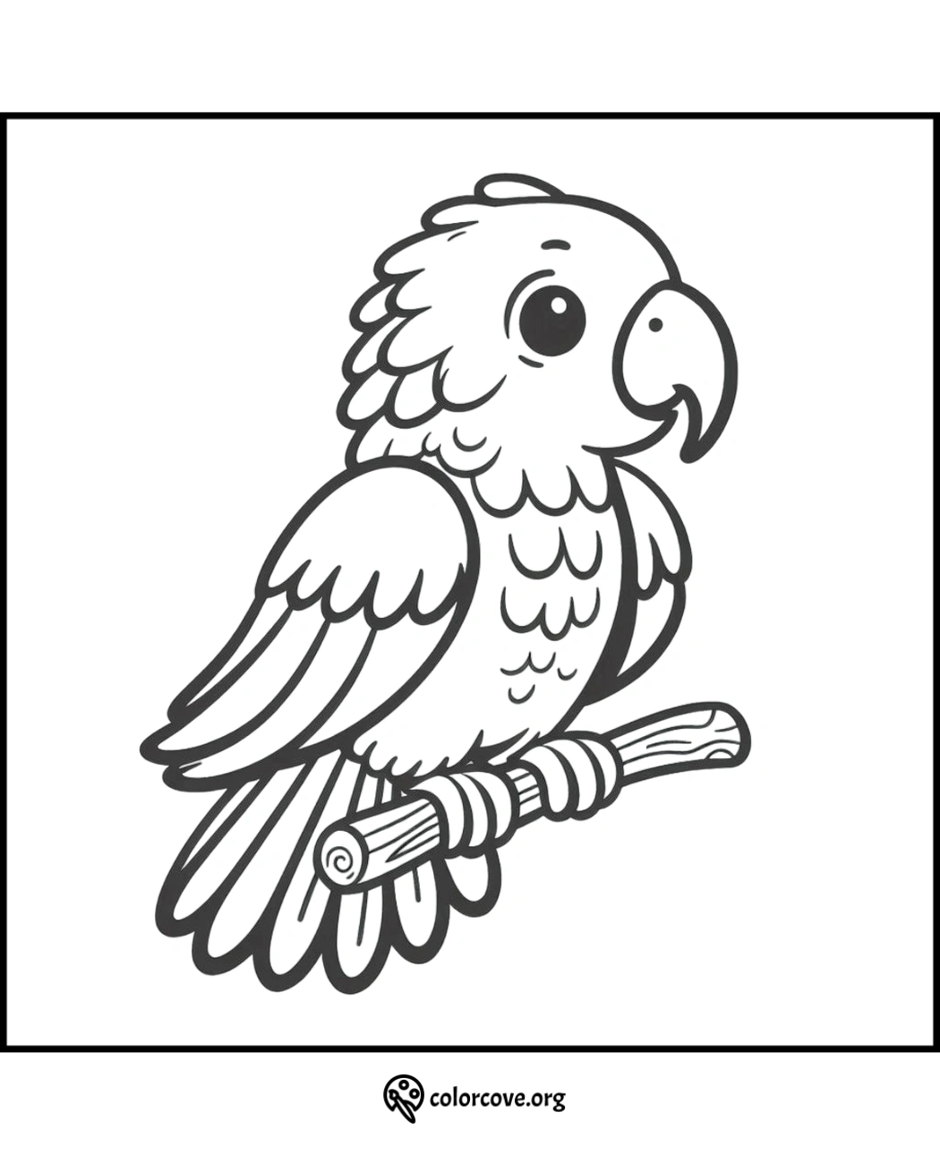 Coloring page of a cute parrot perched on a branch, ideal for kids' coloring activities. Image from colorcove.org.