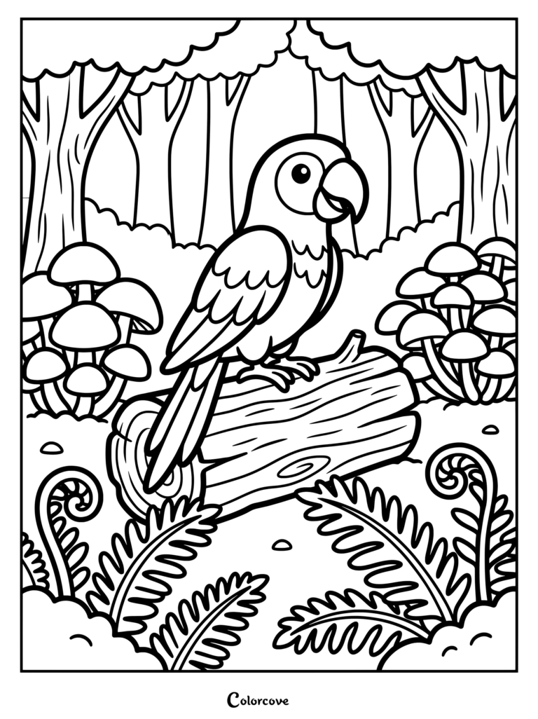 Parrot coloring page featuring a tropical bird perched on a log in a forest surrounded by mushrooms and ferns.