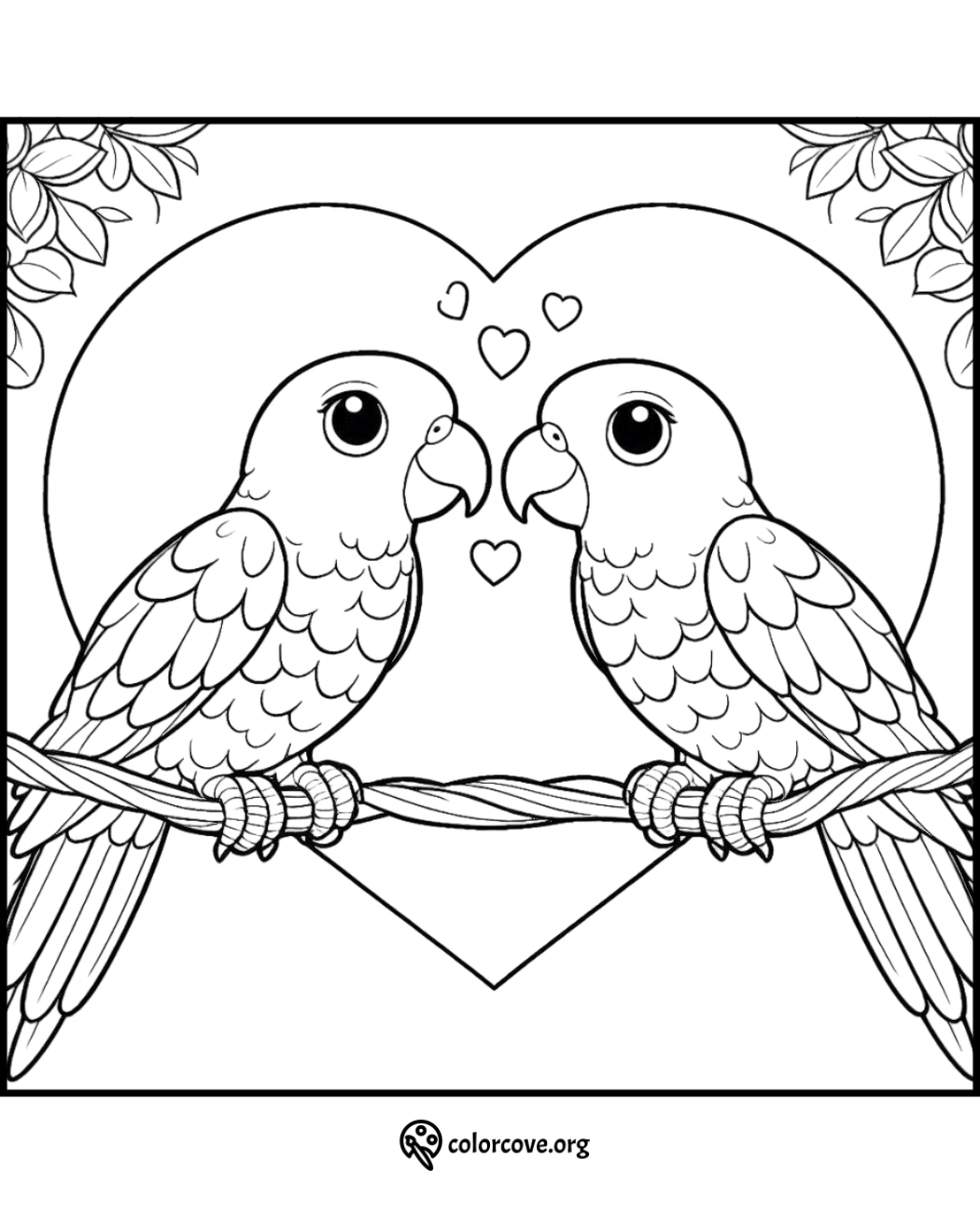 Two lovebirds perched on a branch with hearts and leaves. Romantic bird coloring page for kids and adults.