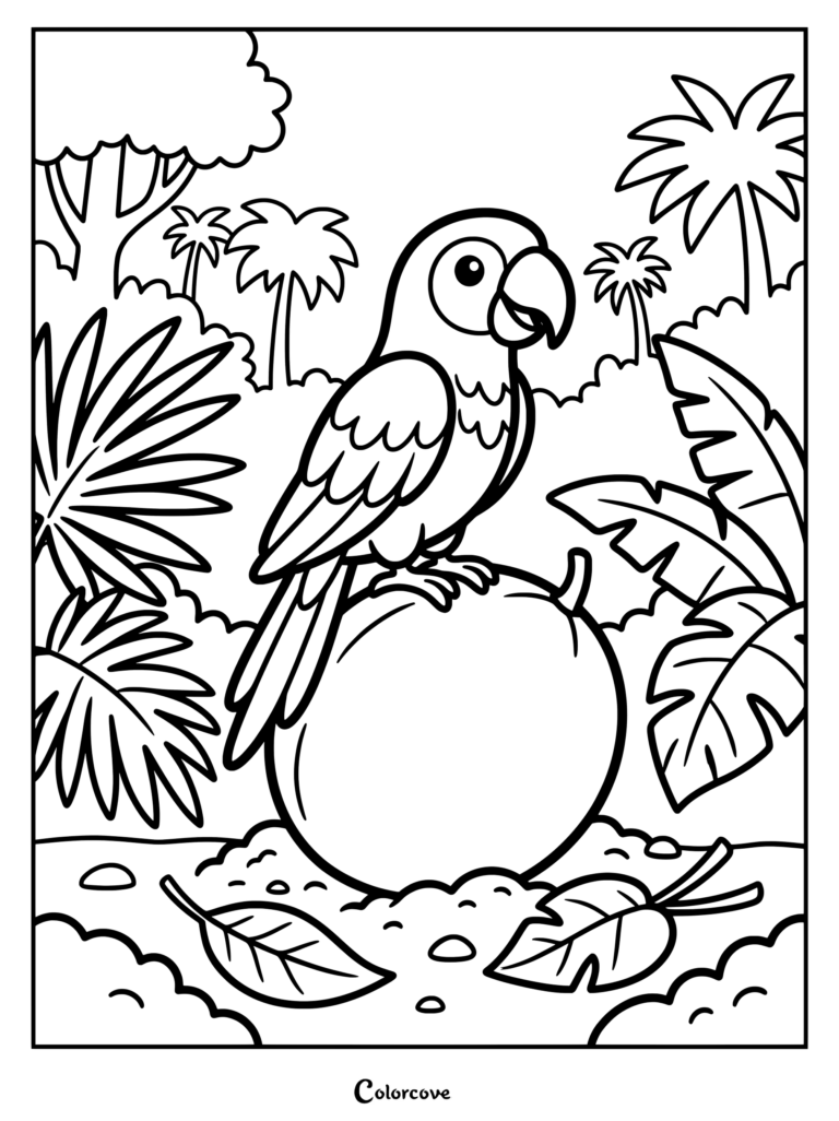 Friendly parrot coloring page perched on a large round fruit in a tropical jungle.