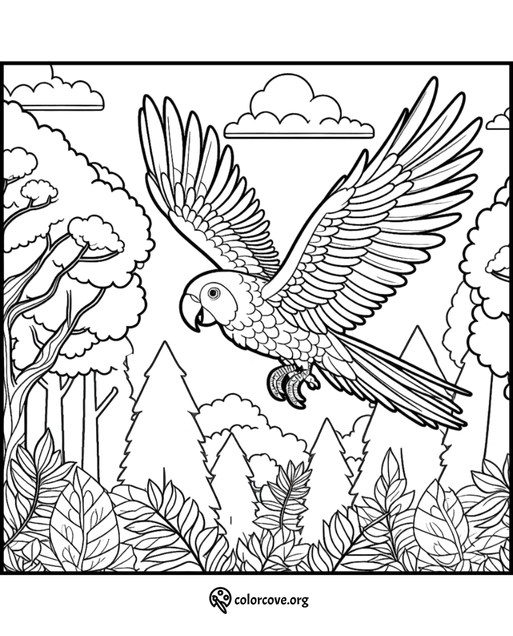 Coloring page of a parrot flying in the forest with trees, bushes, and clouds in the background from colorcove.org.