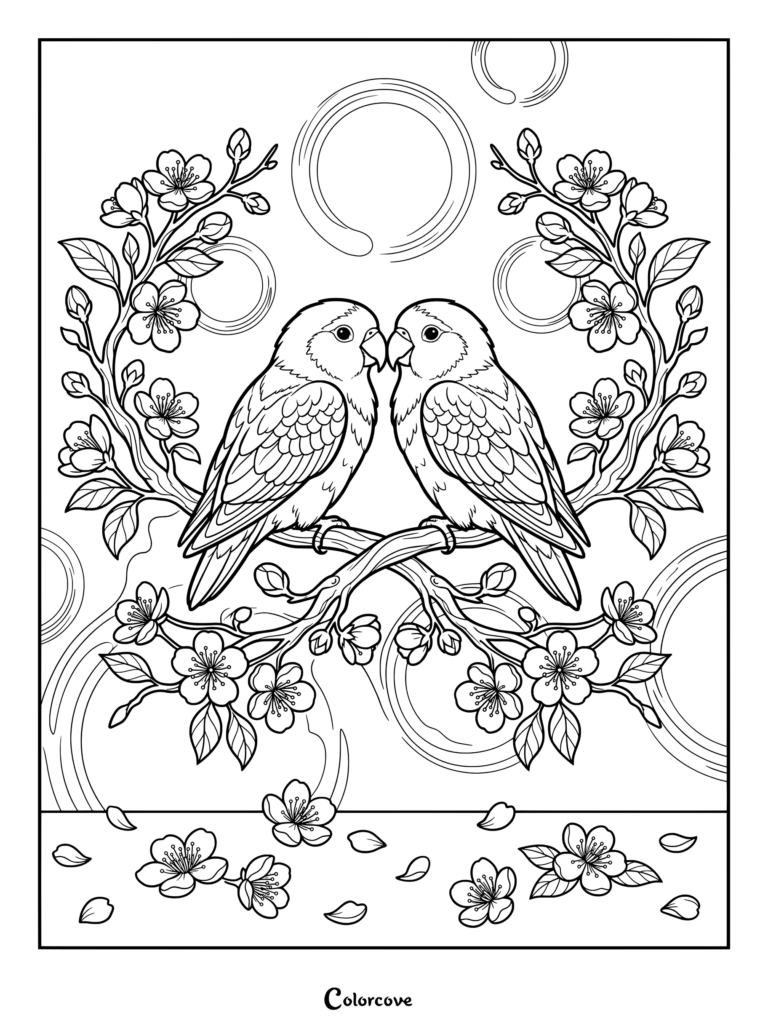 Detailed parrot coloring page featuring two lovebirds perched on flowering cherry blossom branches with falling petals.