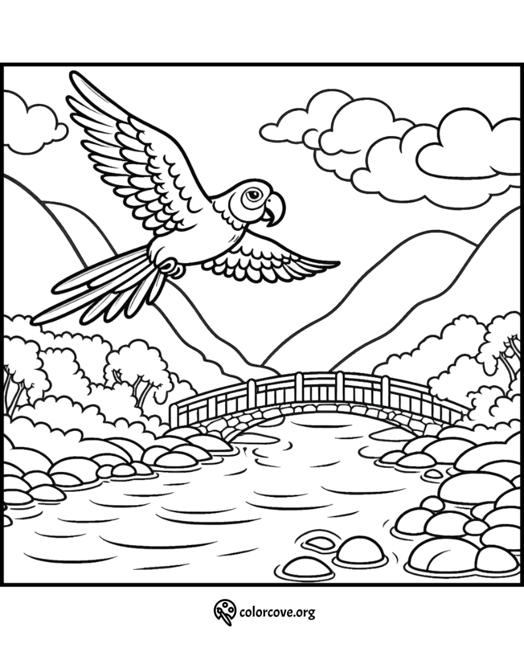 Coloring page of a parrot flying over a river and bridge with mountains and clouds in the background.