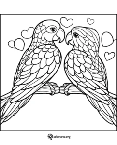 Coloring page featuring two lovebirds perched on a branch, surrounded by heart shapes; perfect for kids and adults alike.
