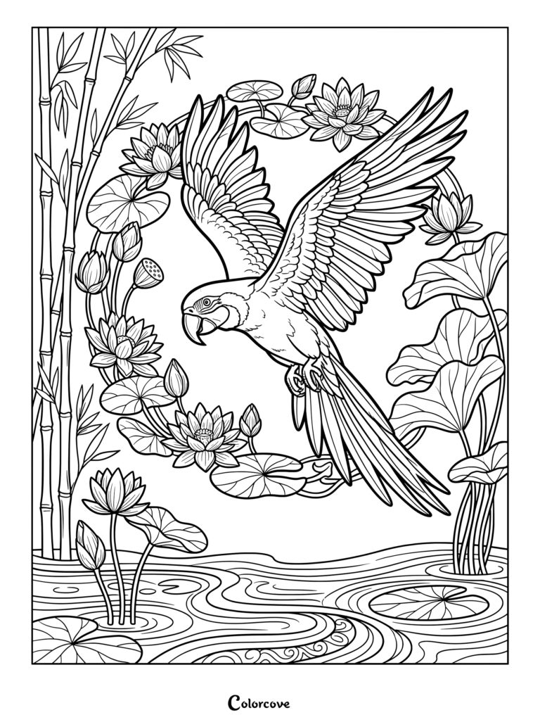Detailed coloring page of a parrot soaring gracefully amidst blooming lotus flowers, lily pads, and bamboo stalks.