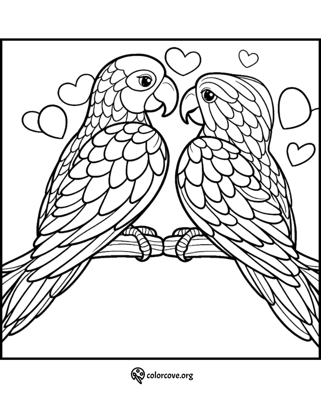 Coloring page featuring two lovebirds perched on a branch, surrounded by heart shapes; perfect for kids and adults alike.