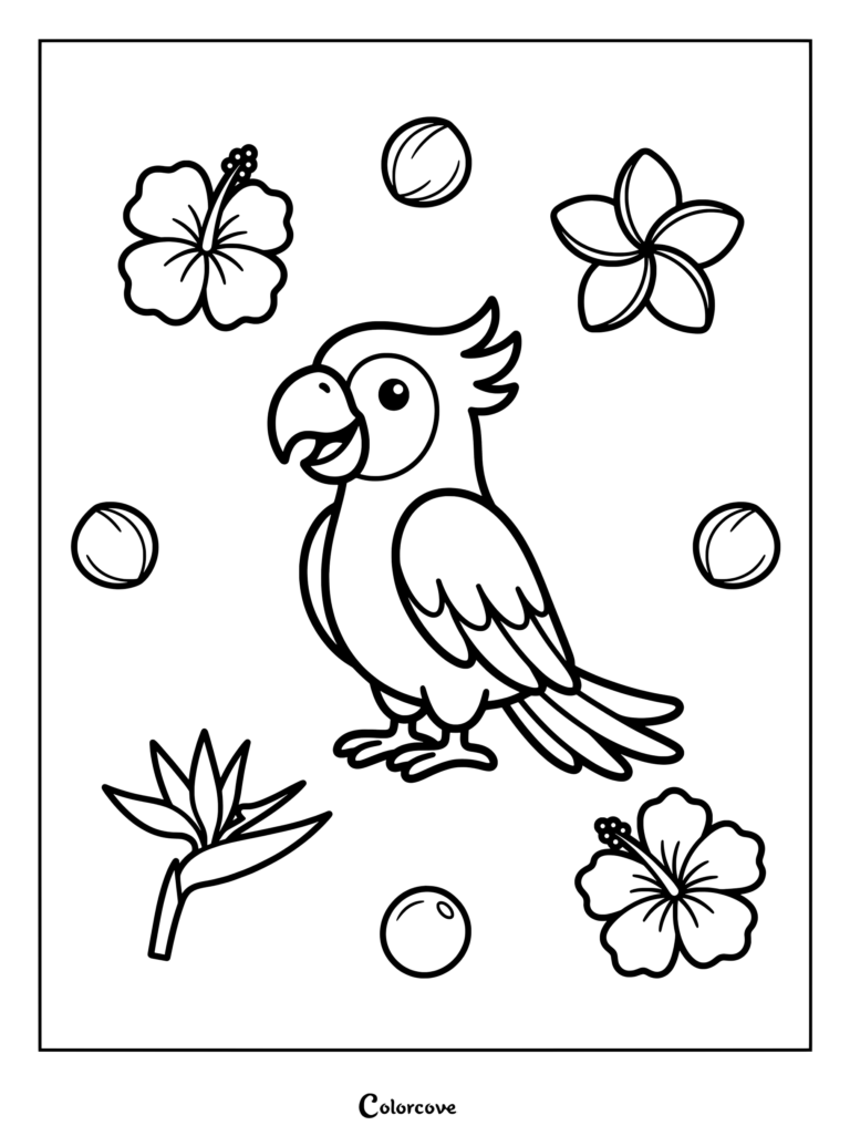 A friendly cockatoo surrounded by hibiscus flowers and tropical leaves on a parrot coloring page.